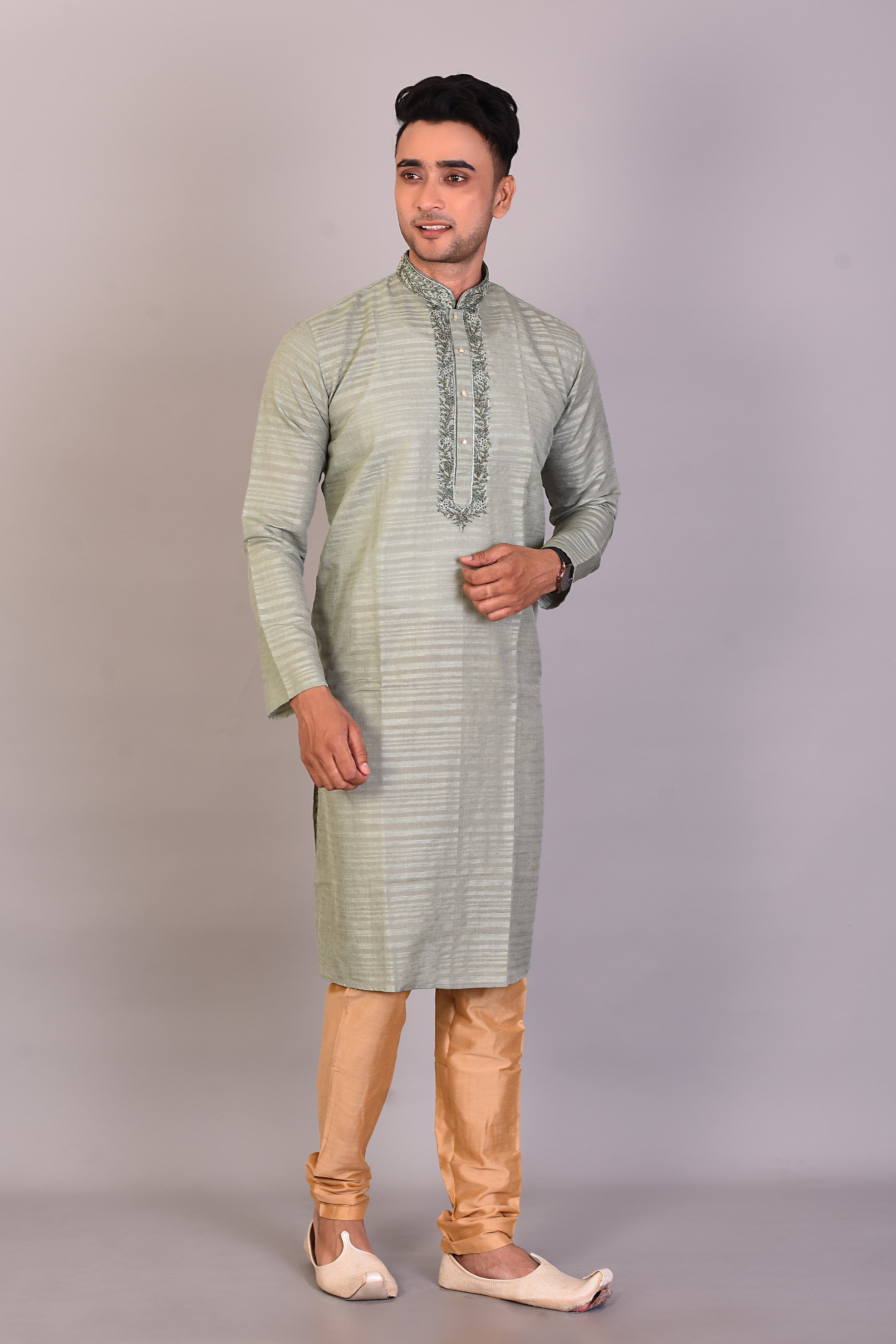 Long Olive Silk Kurta with Full Sleeves