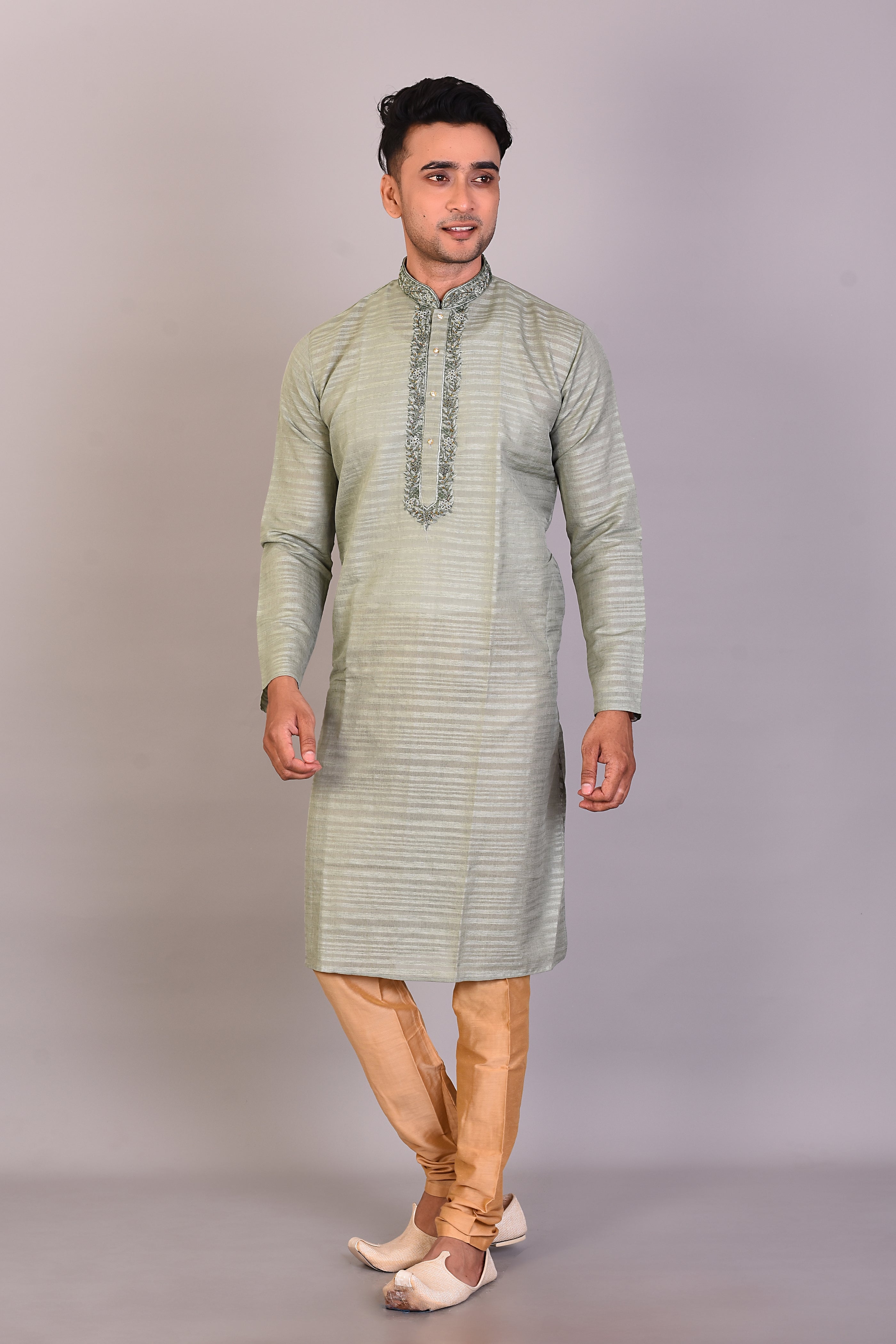 Long Olive Silk Kurta with Full Sleeves