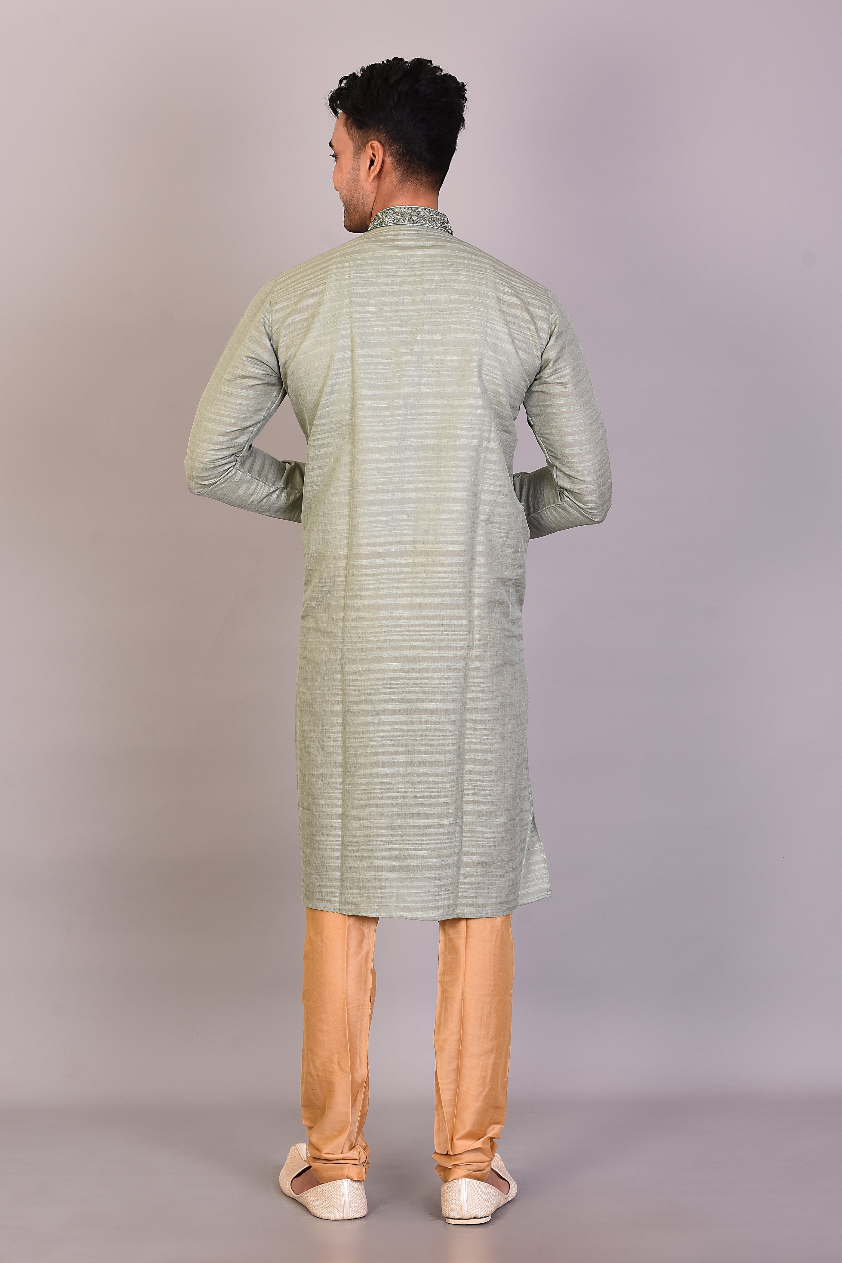 Long Olive Silk Kurta with Full Sleeves