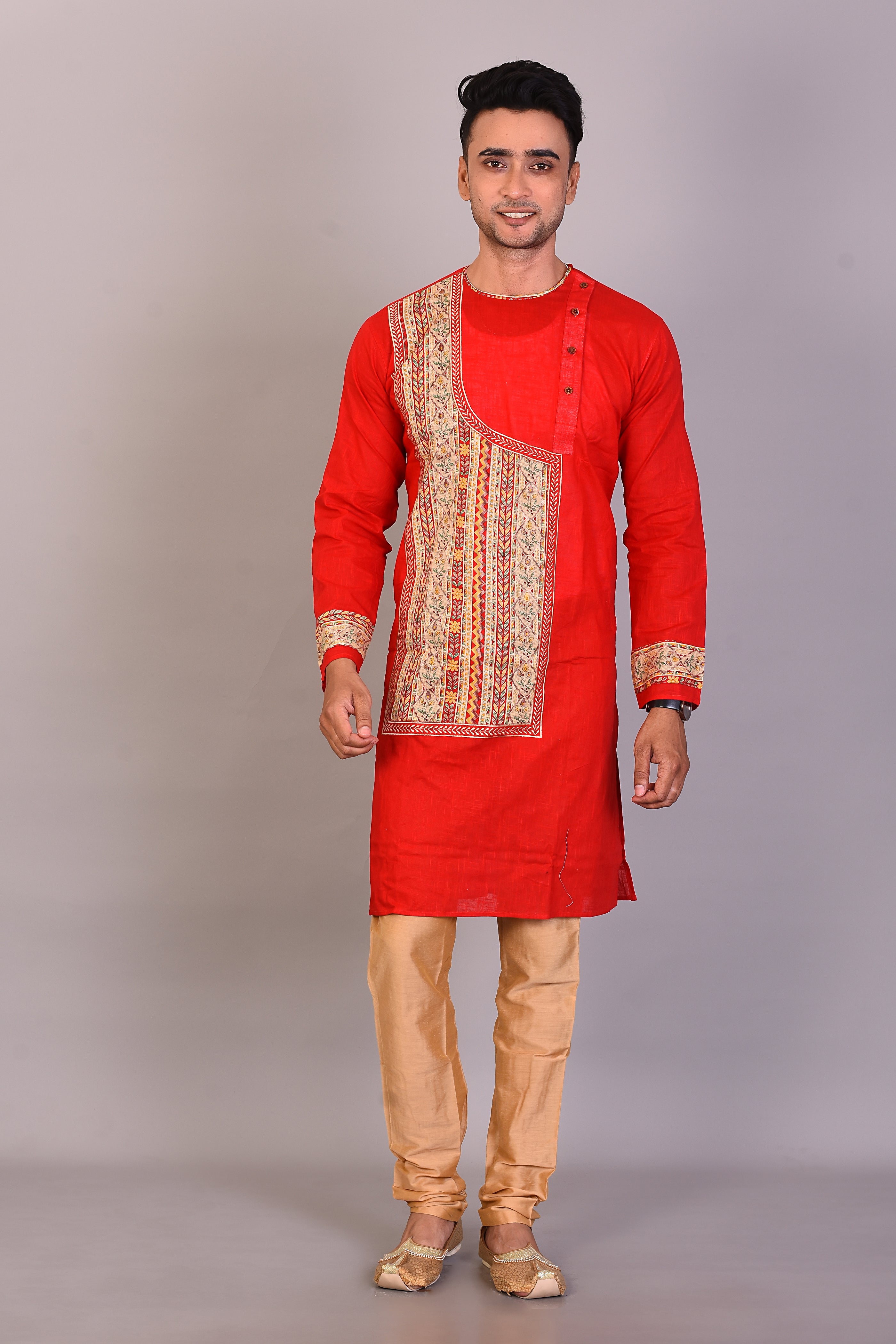 Long Red Cotton Kurta with Full Sleeves