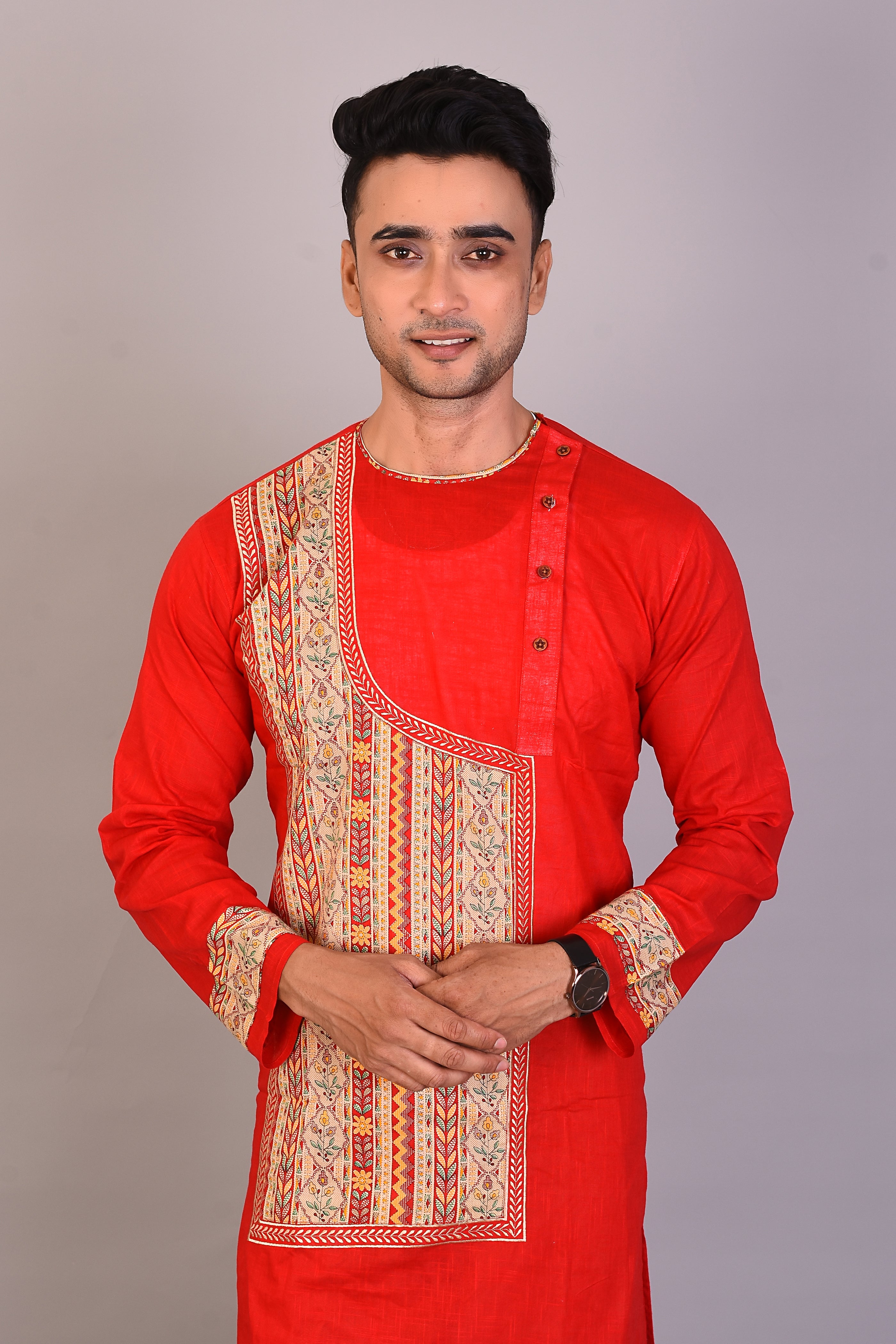 Long Red Cotton Kurta with Full Sleeves
