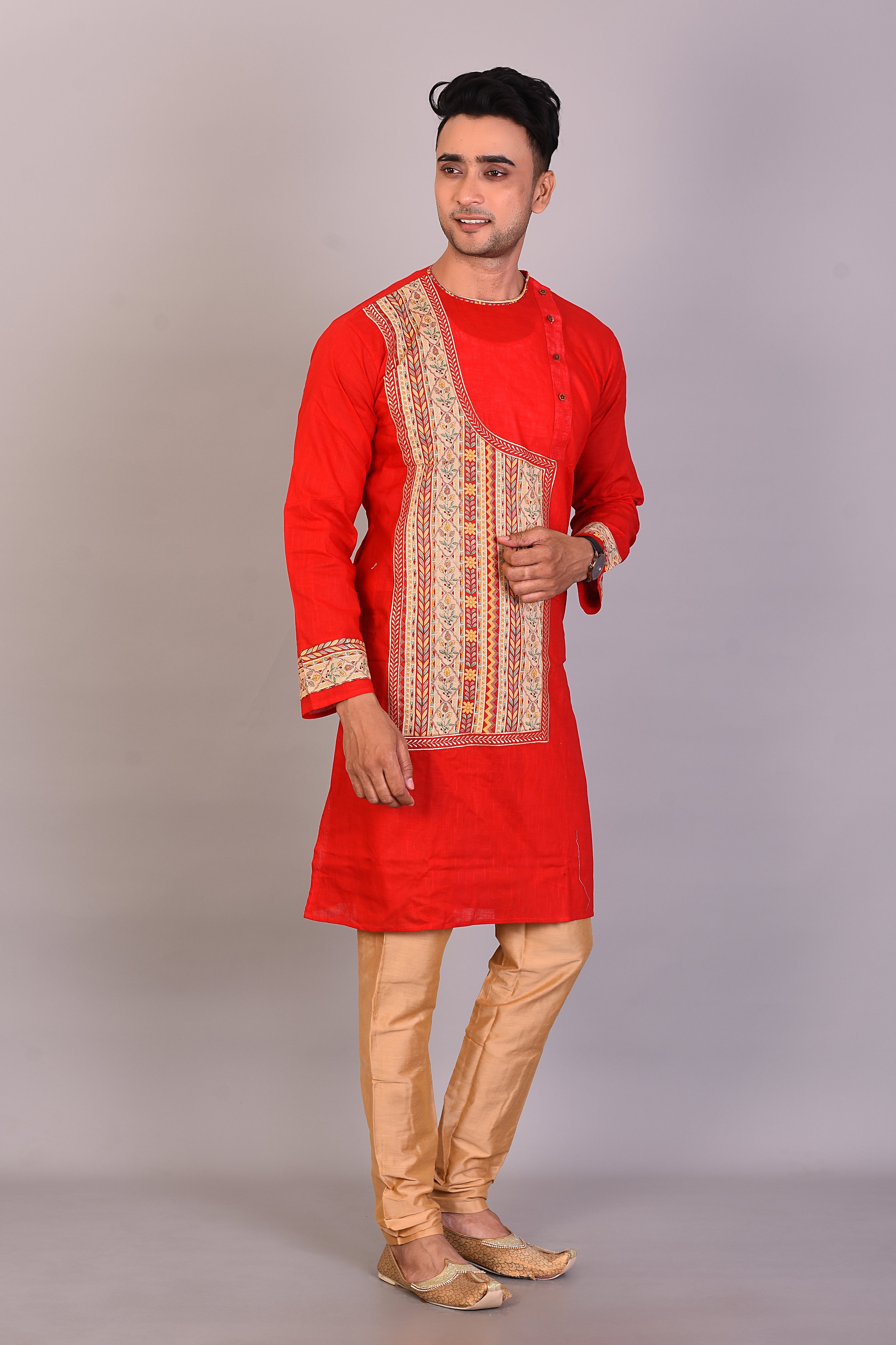 Long Red Cotton Kurta with Full Sleeves