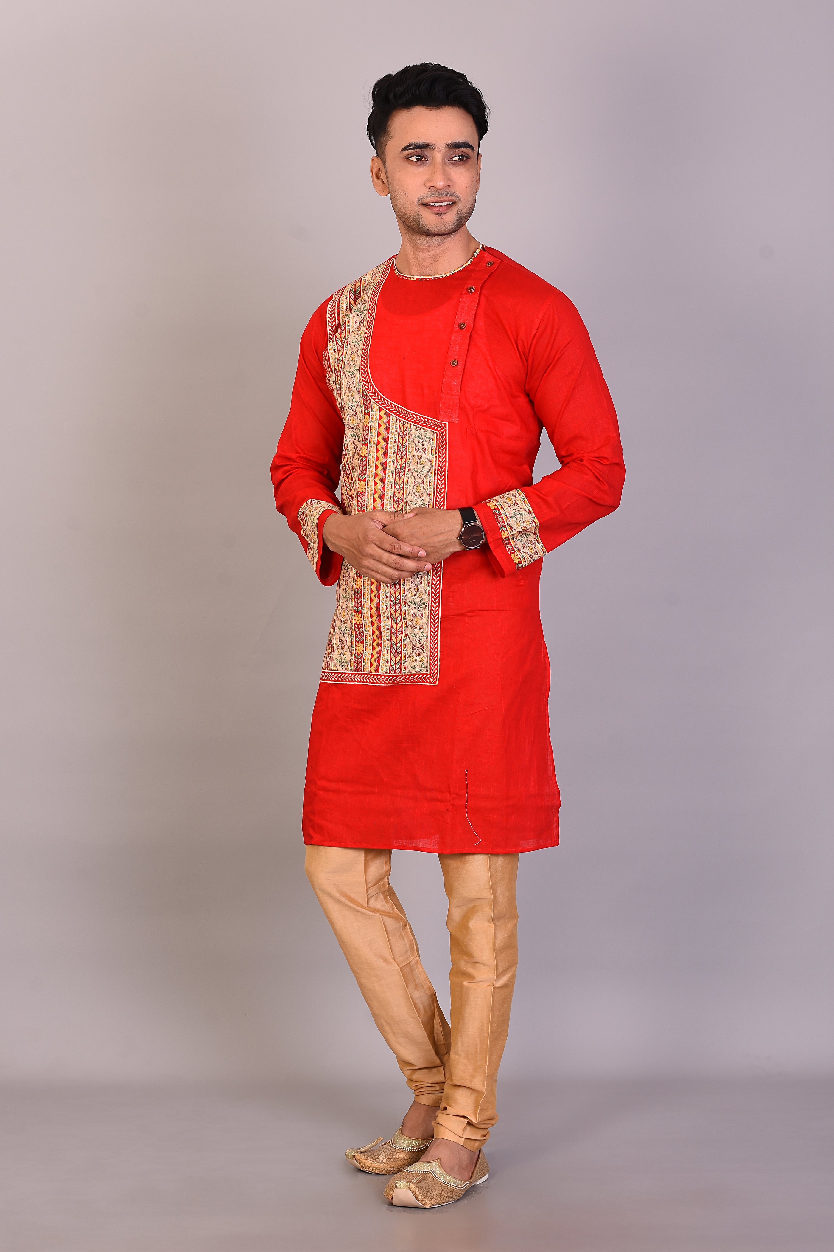 Long Red Cotton Kurta with Full Sleeves