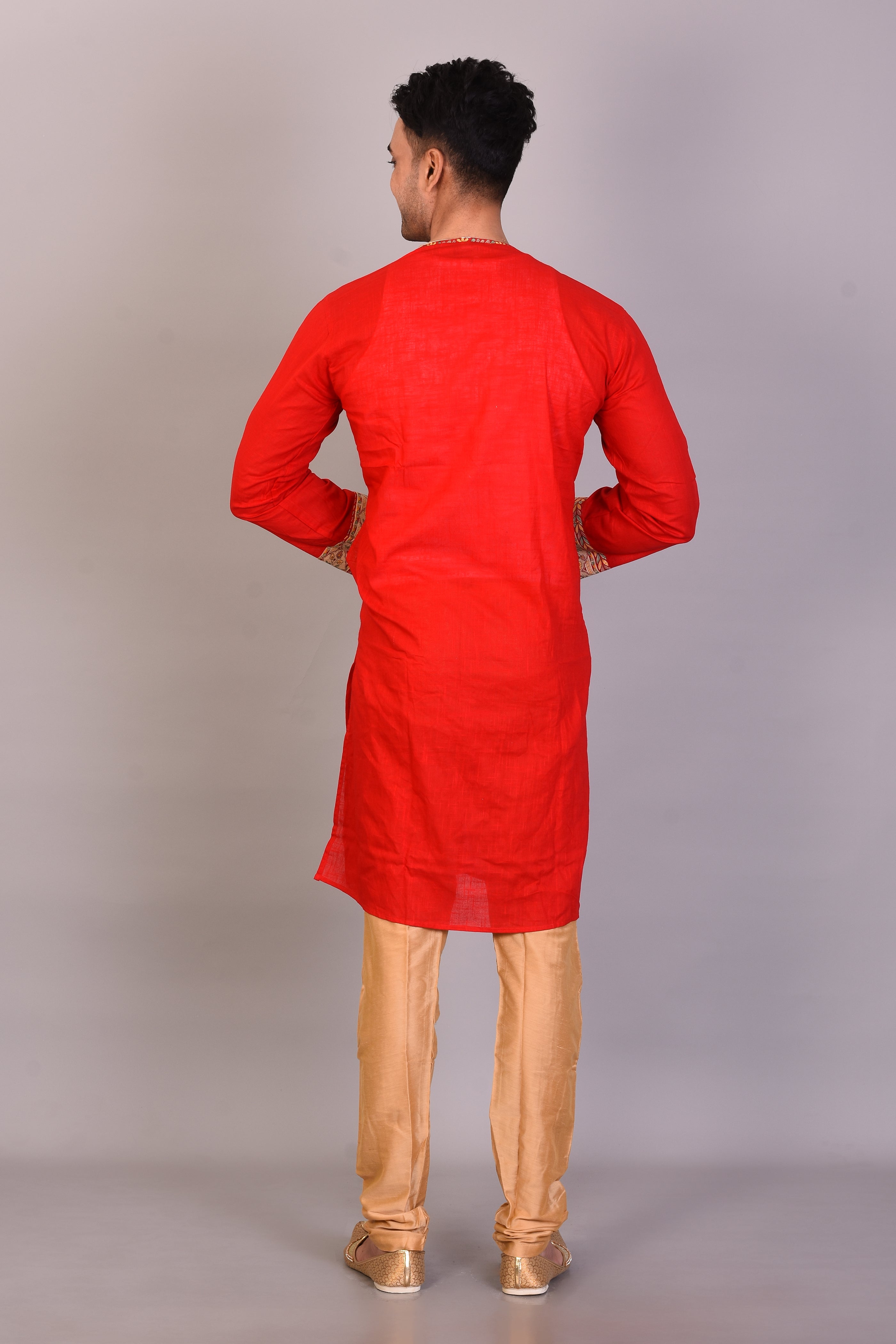 Long Red Cotton Kurta with Full Sleeves