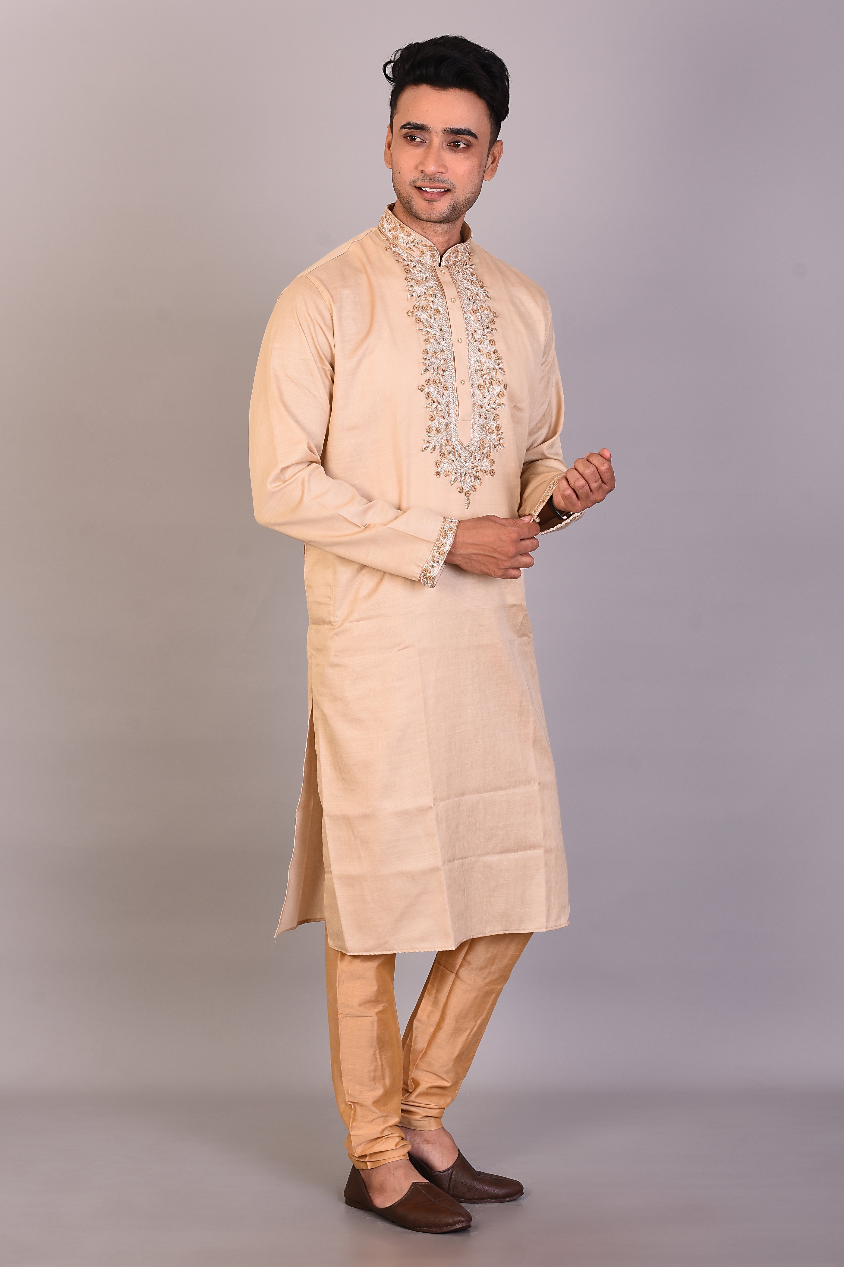 Long Tussar Silk Kurta with Full Sleeves