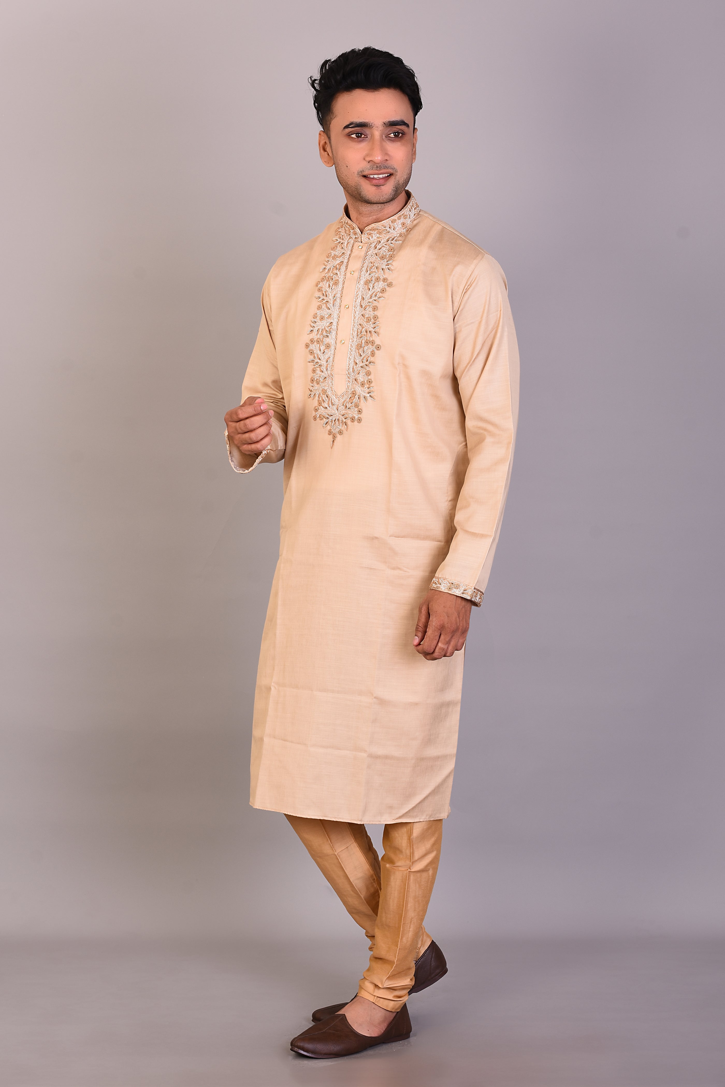 Long Tussar Silk Kurta with Full Sleeves