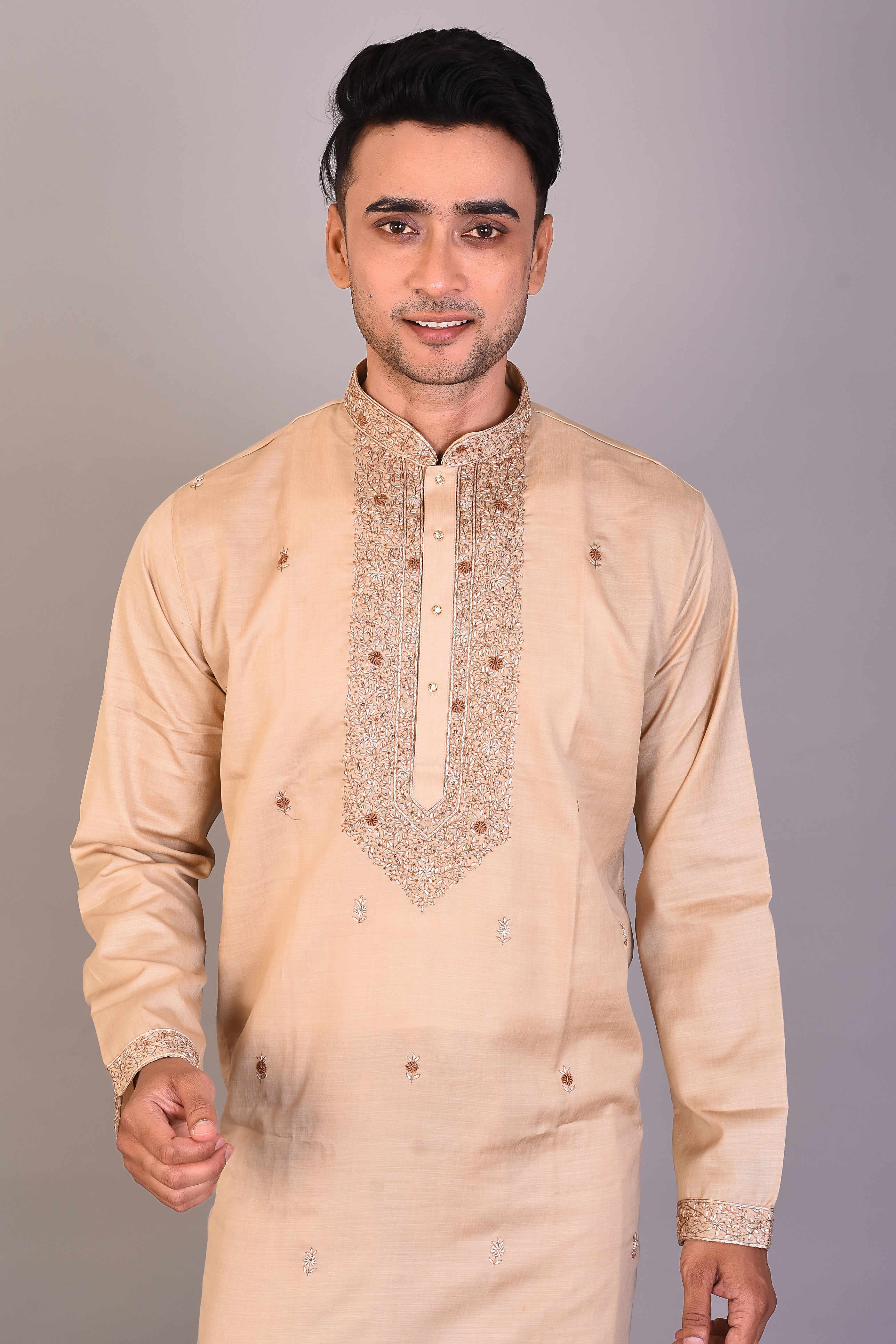 Long Tussar Silk Kurta with Full Sleeves