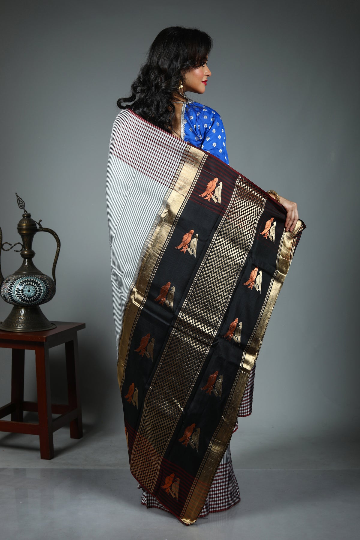White Checkered Pure Kanjivaram Silk Saree