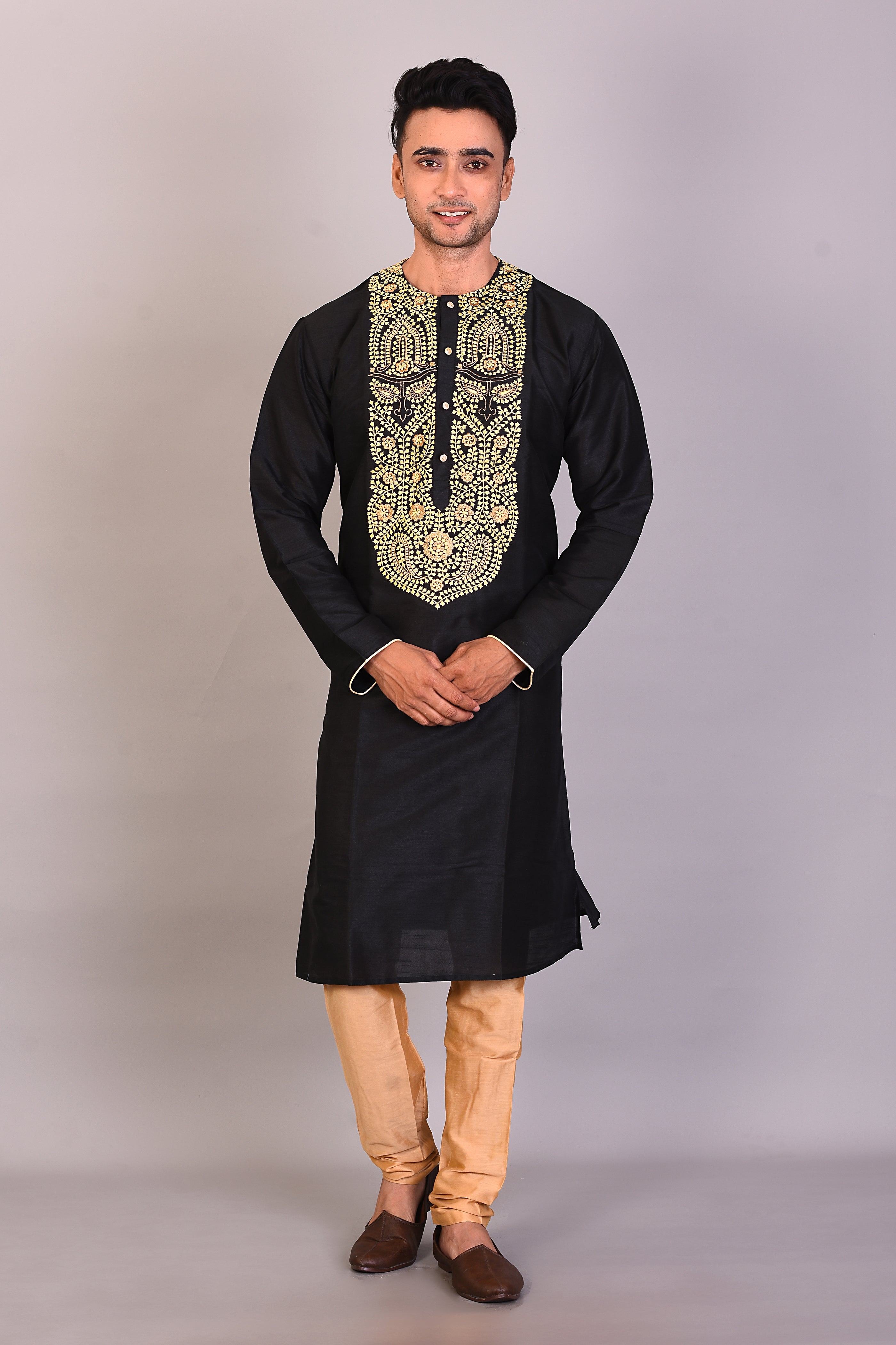 Long Black Silk Kurta with Full Sleeves