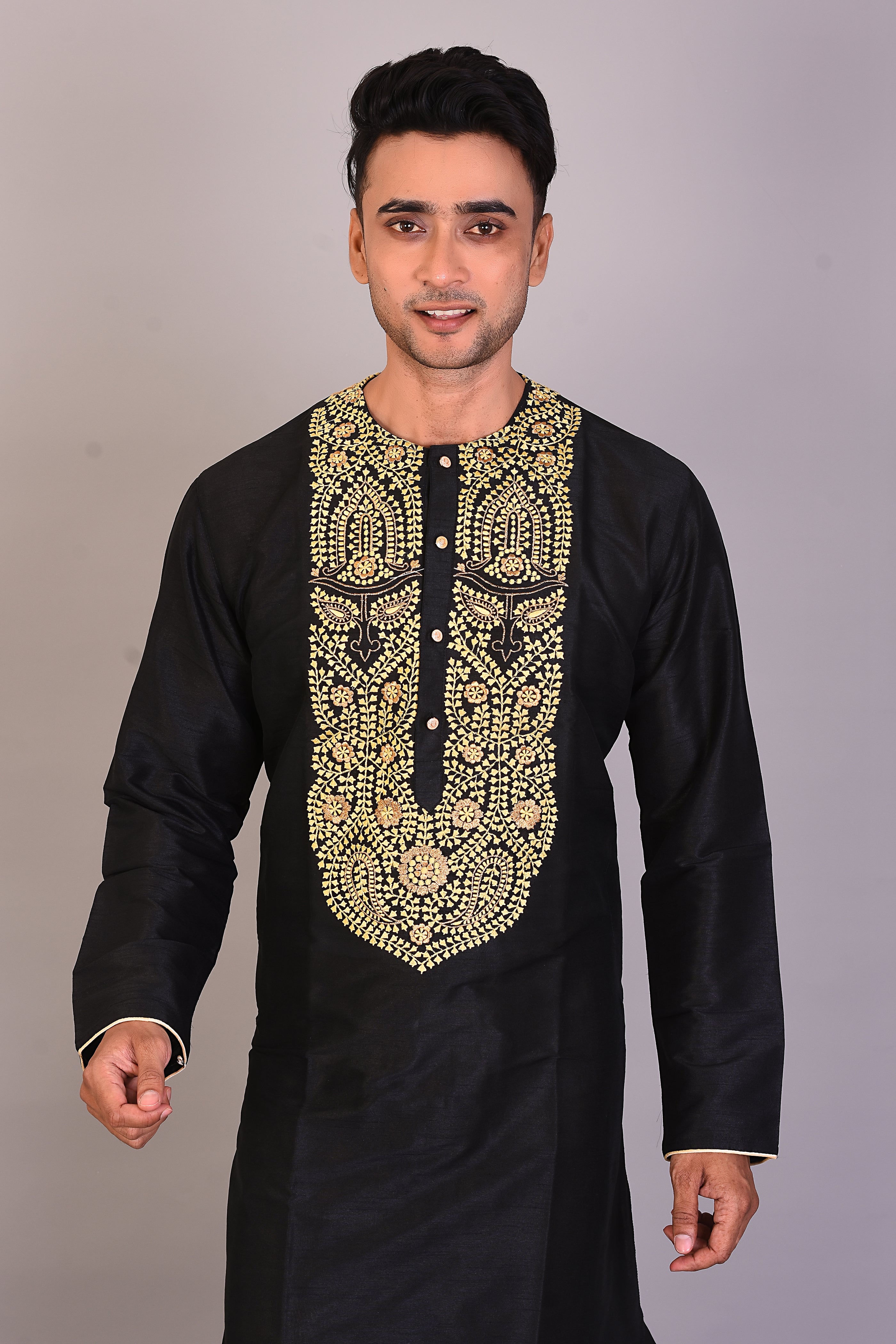 Long Black Silk Kurta with Full Sleeves