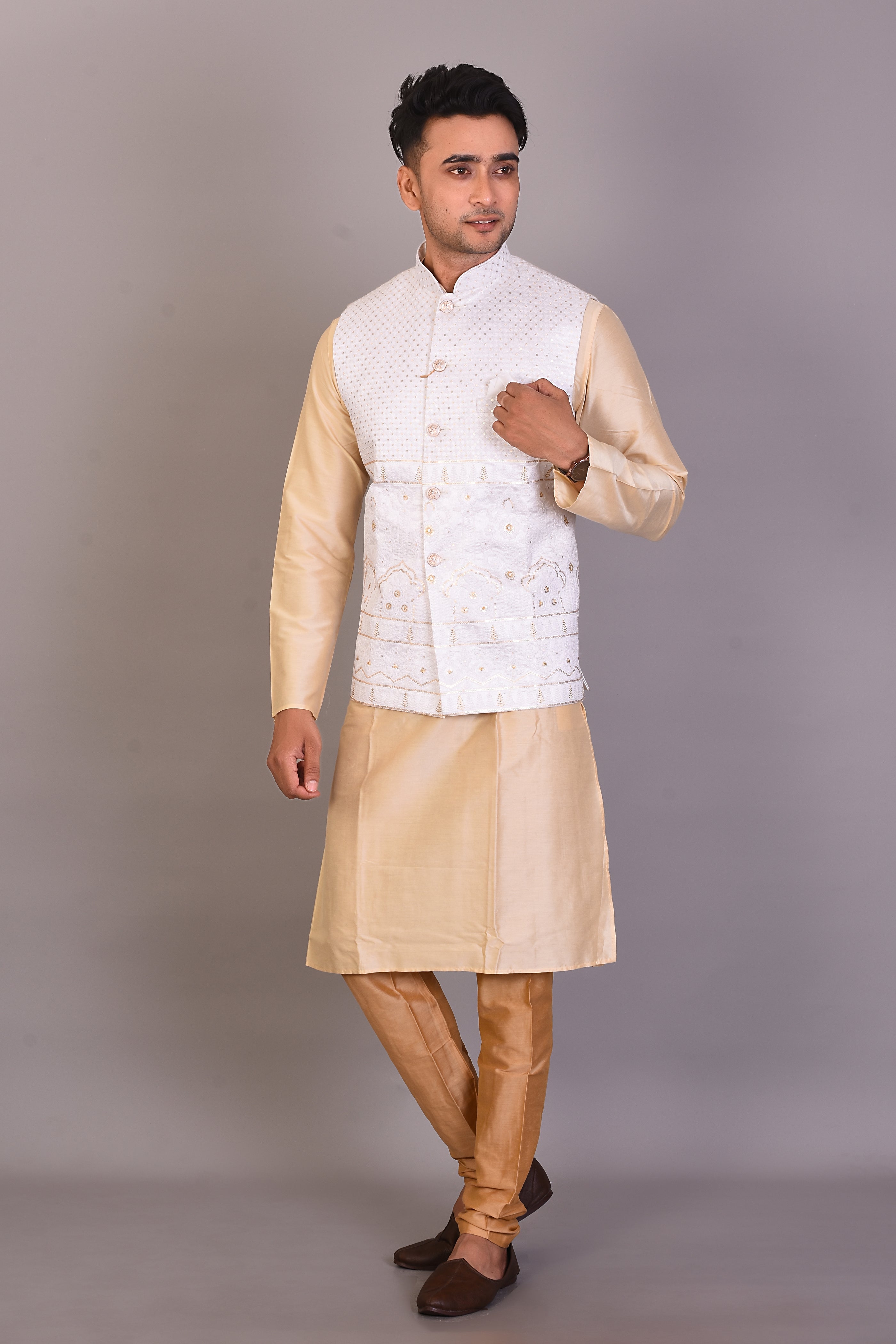 Long Tussar Silk Kurta with Jacket and Full Sleeves