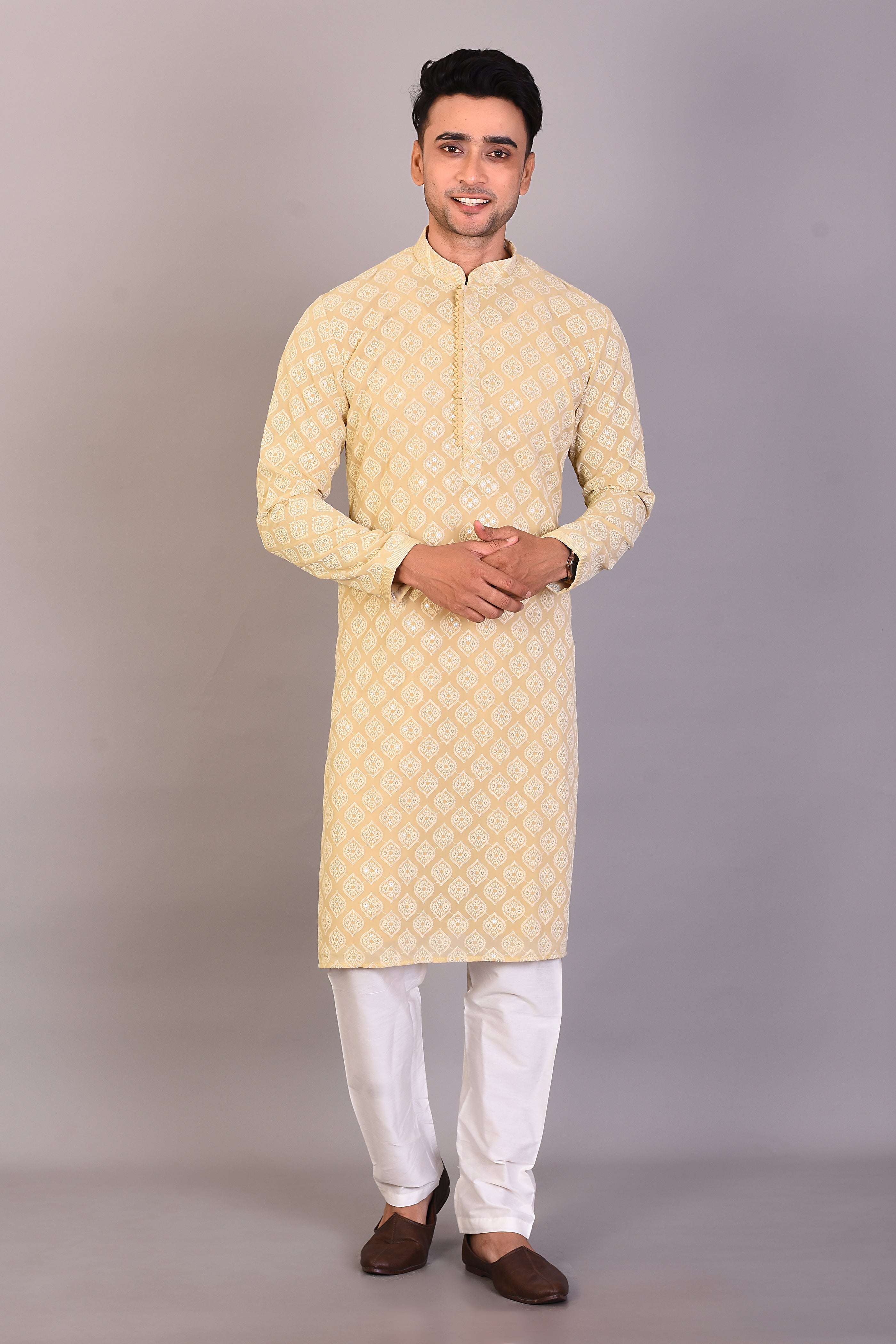 Long Yellow Silk Kurta with Full Sleeves