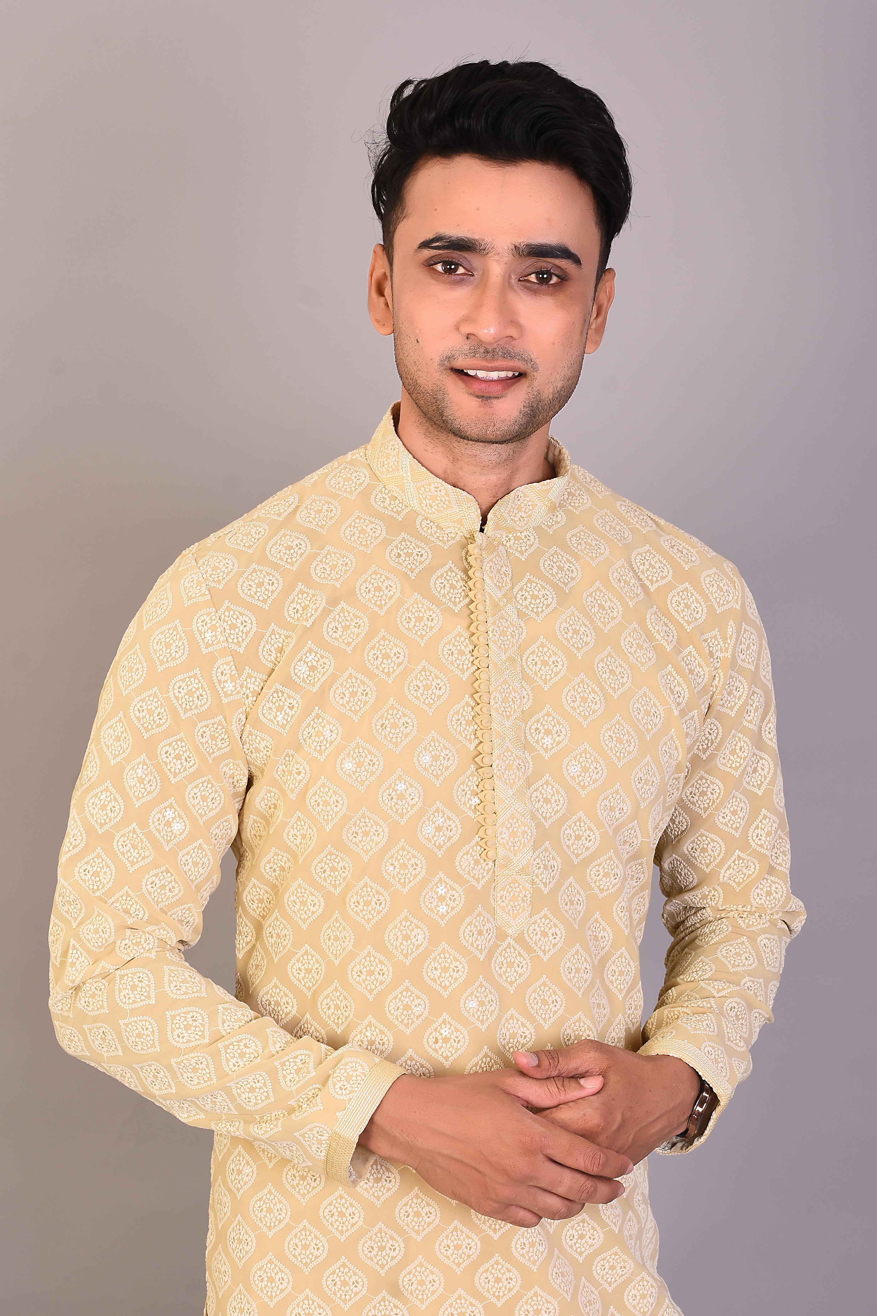 Long Yellow Silk Kurta with Full Sleeves