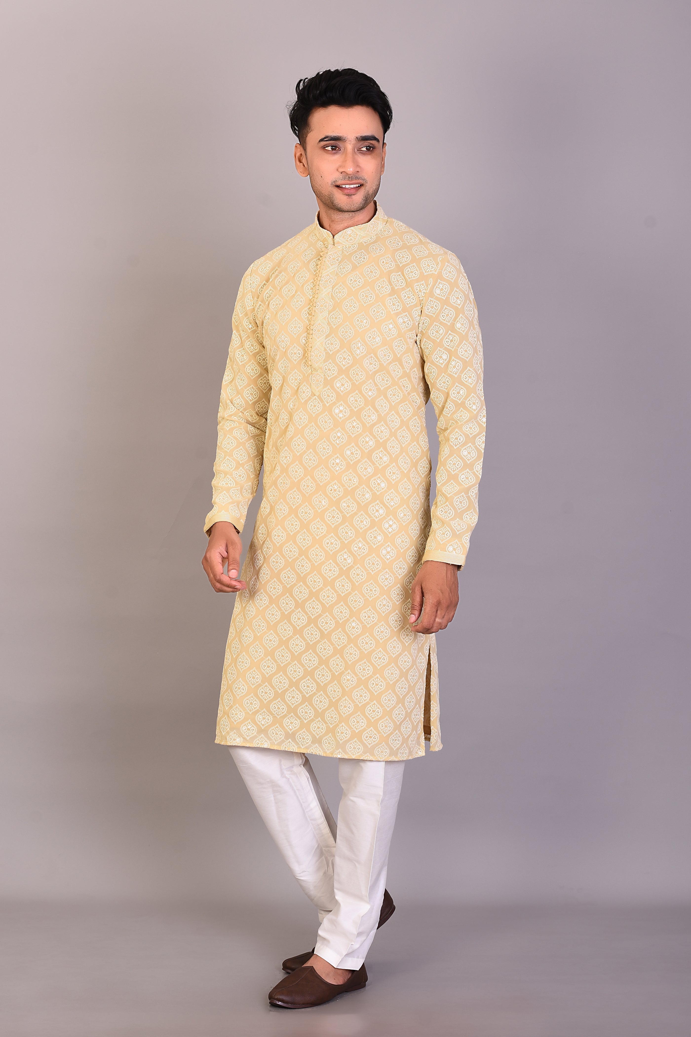 Long Yellow Silk Kurta with Full Sleeves
