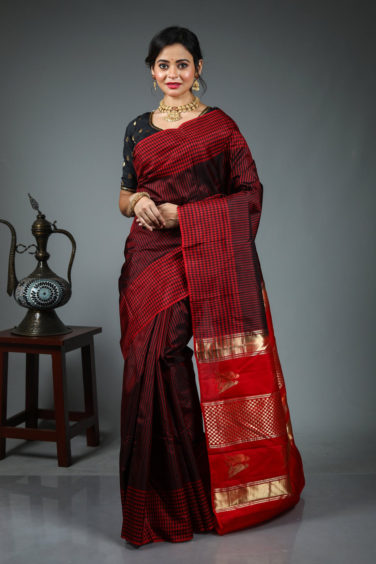 Red Pure Checkered Kanjivaram Silk Saree