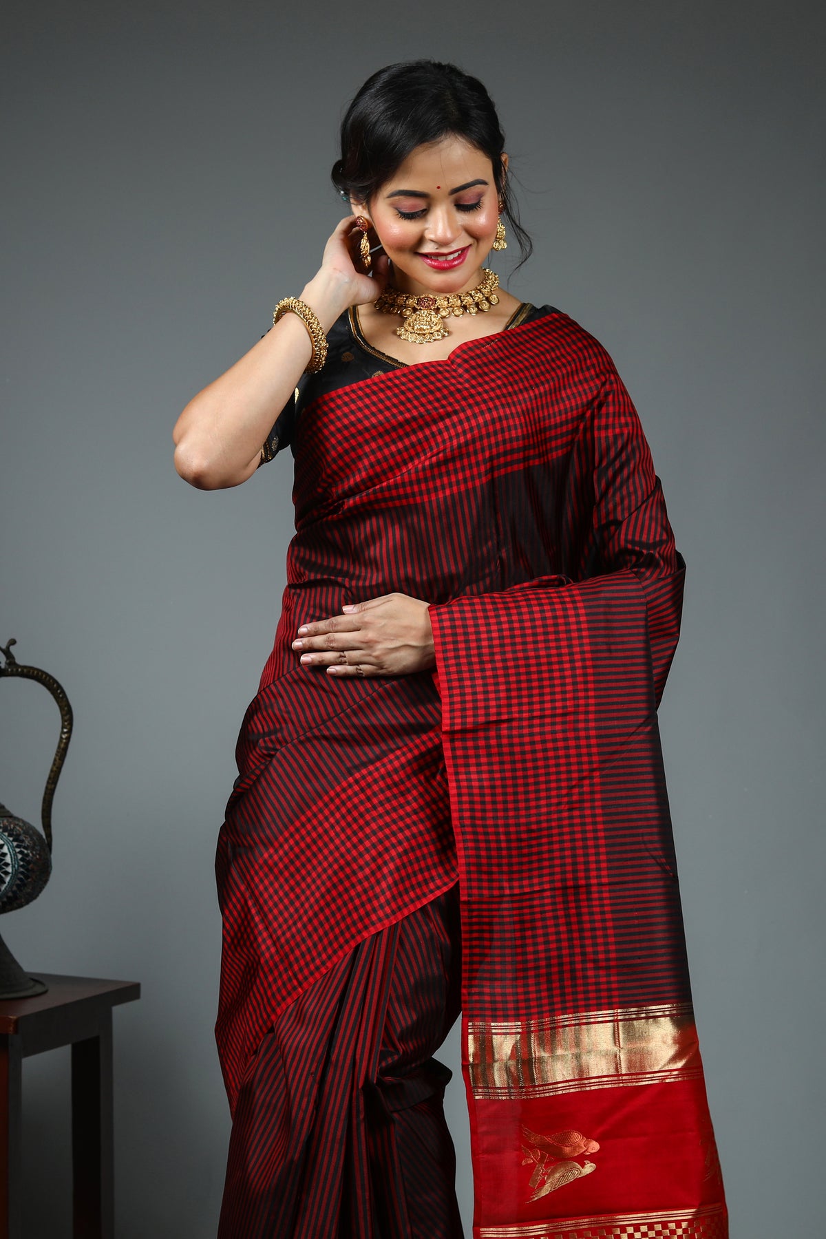 Red Pure Checkered Kanjivaram Silk Saree