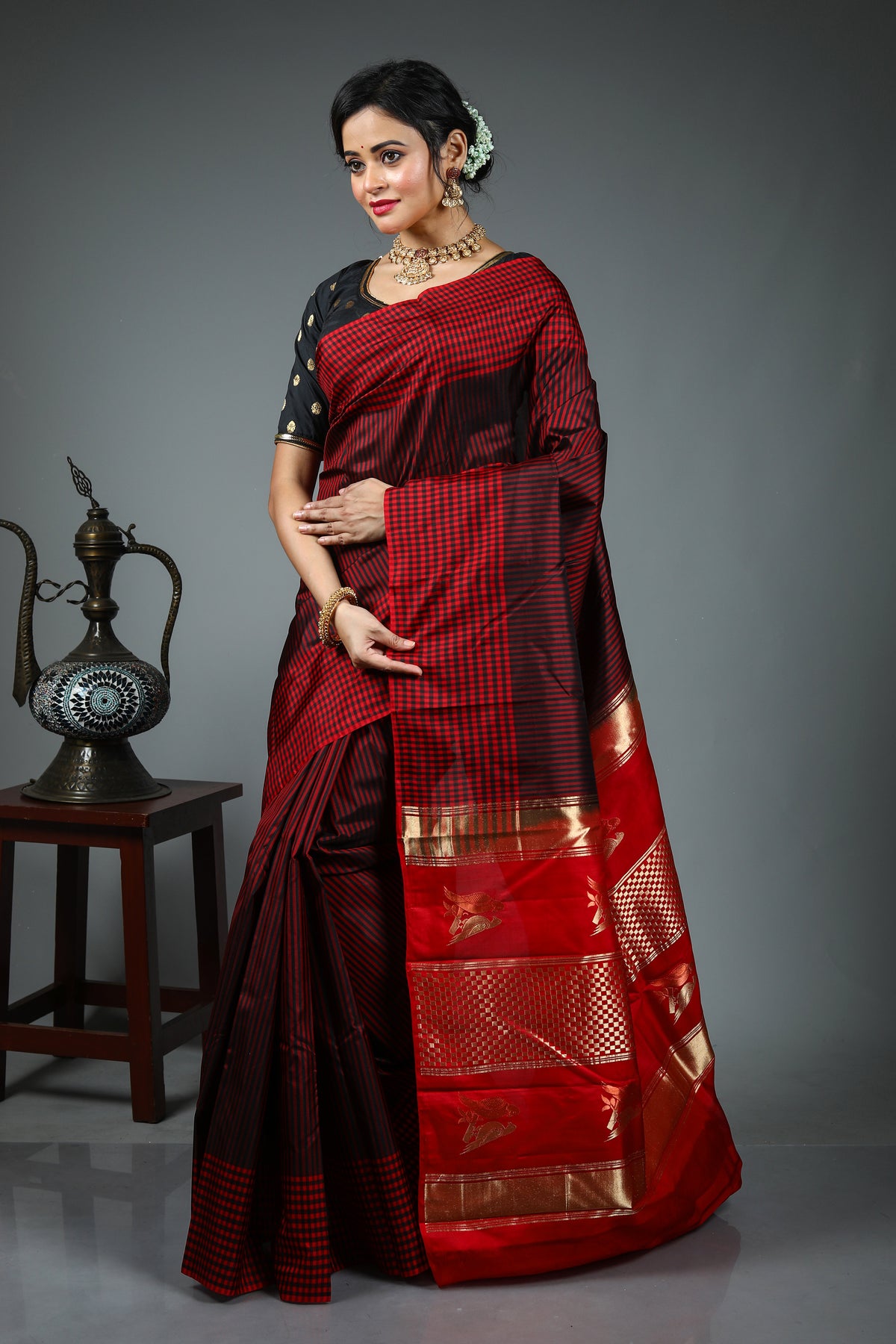 Red Pure Checkered Kanjivaram Silk Saree