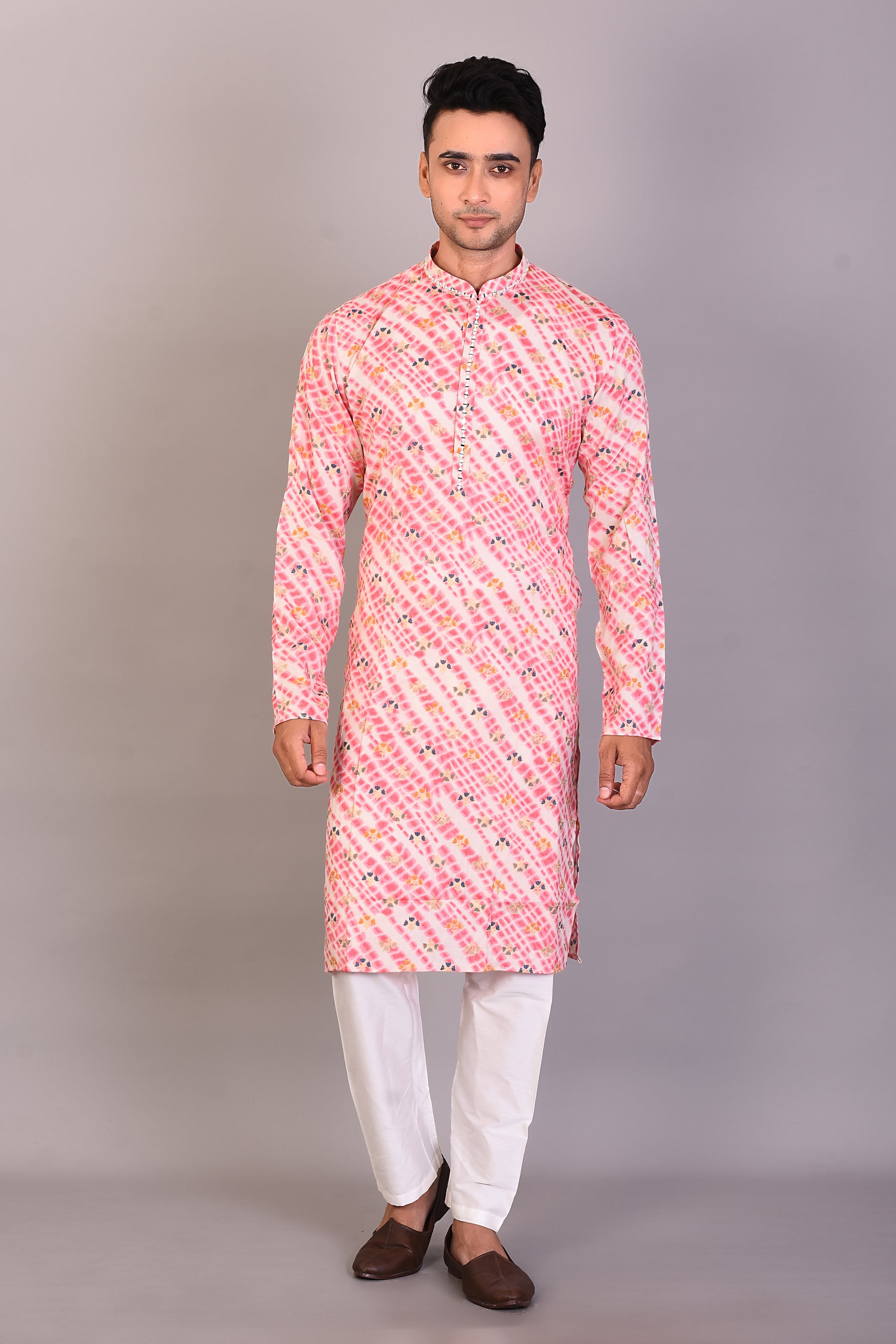 Long Pink Printed Silk Kurta with Full Sleeves - Keya Seth Exclusive