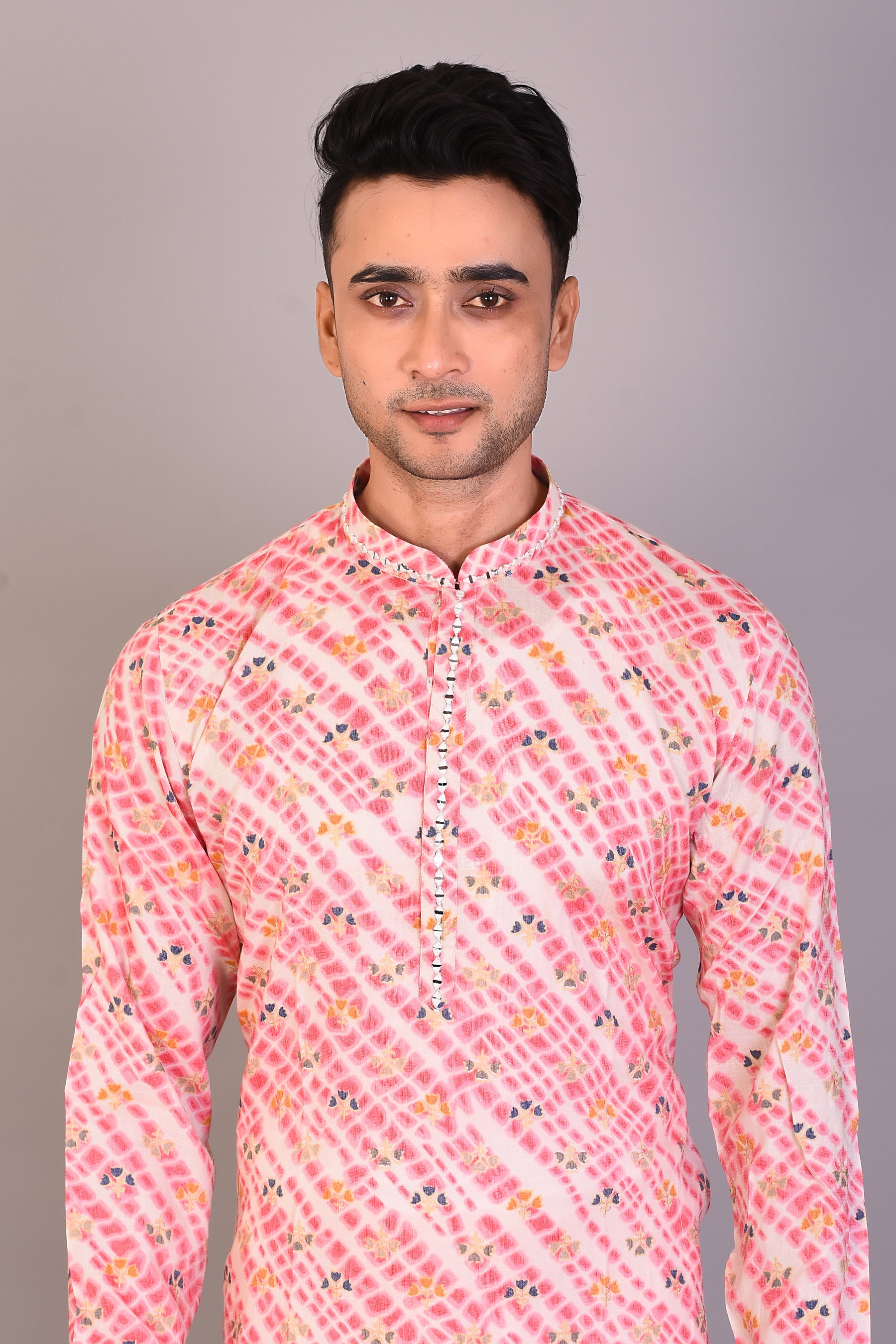 Long Pink Printed Silk Kurta with Full Sleeves - Keya Seth Exclusive