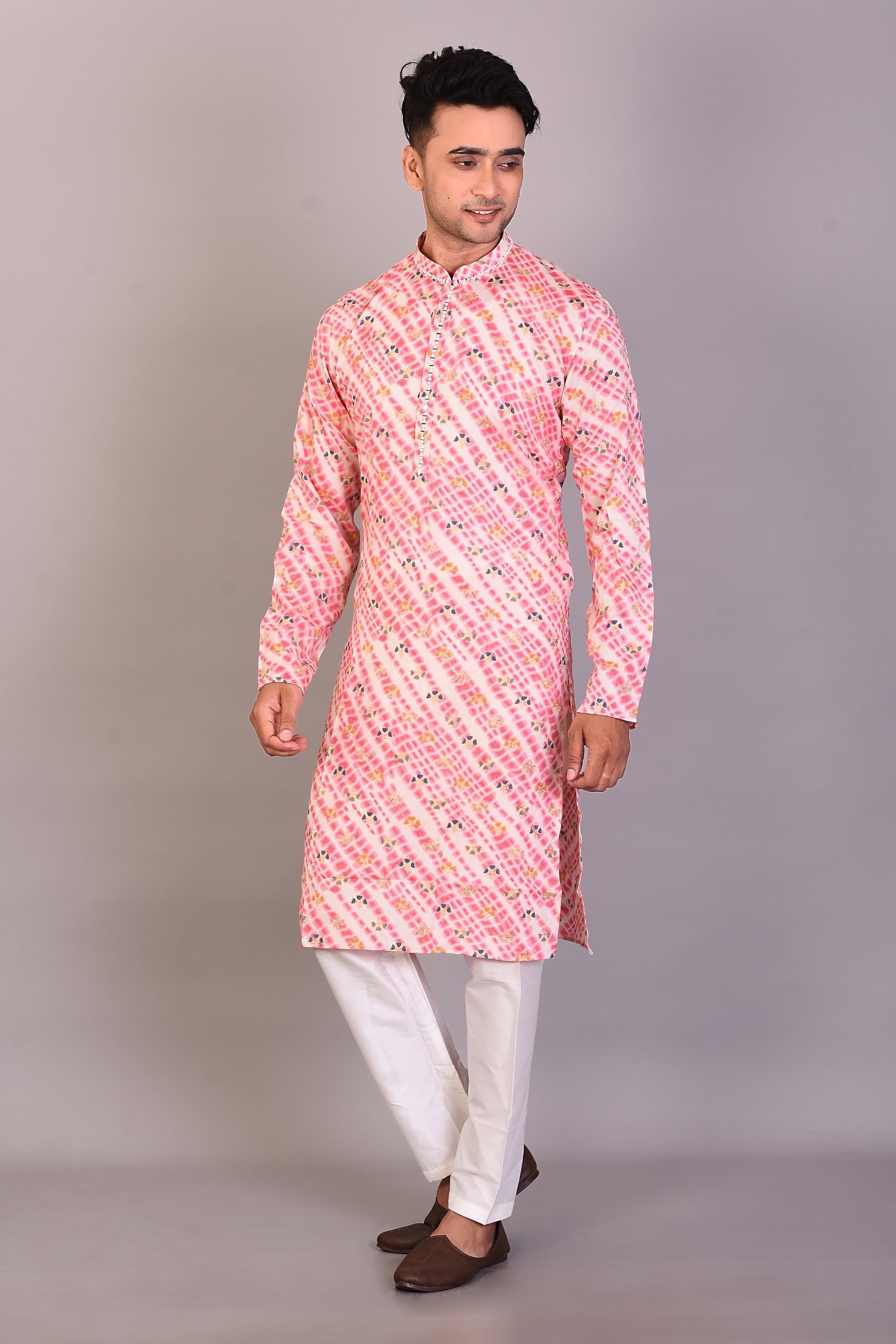 Long Pink Printed Silk Kurta with Full Sleeves - Keya Seth Exclusive