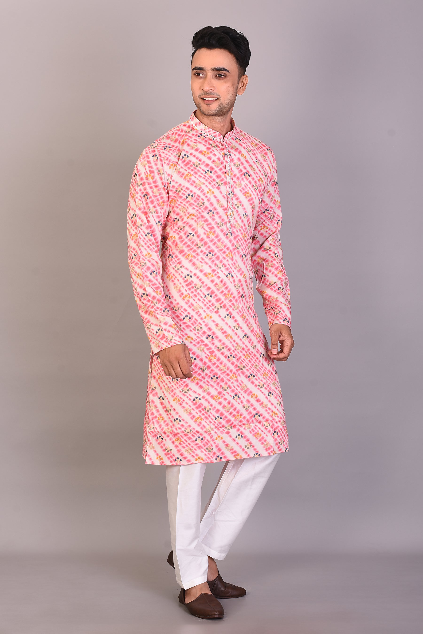 Long Pink Printed Silk Kurta with Full Sleeves - Keya Seth Exclusive