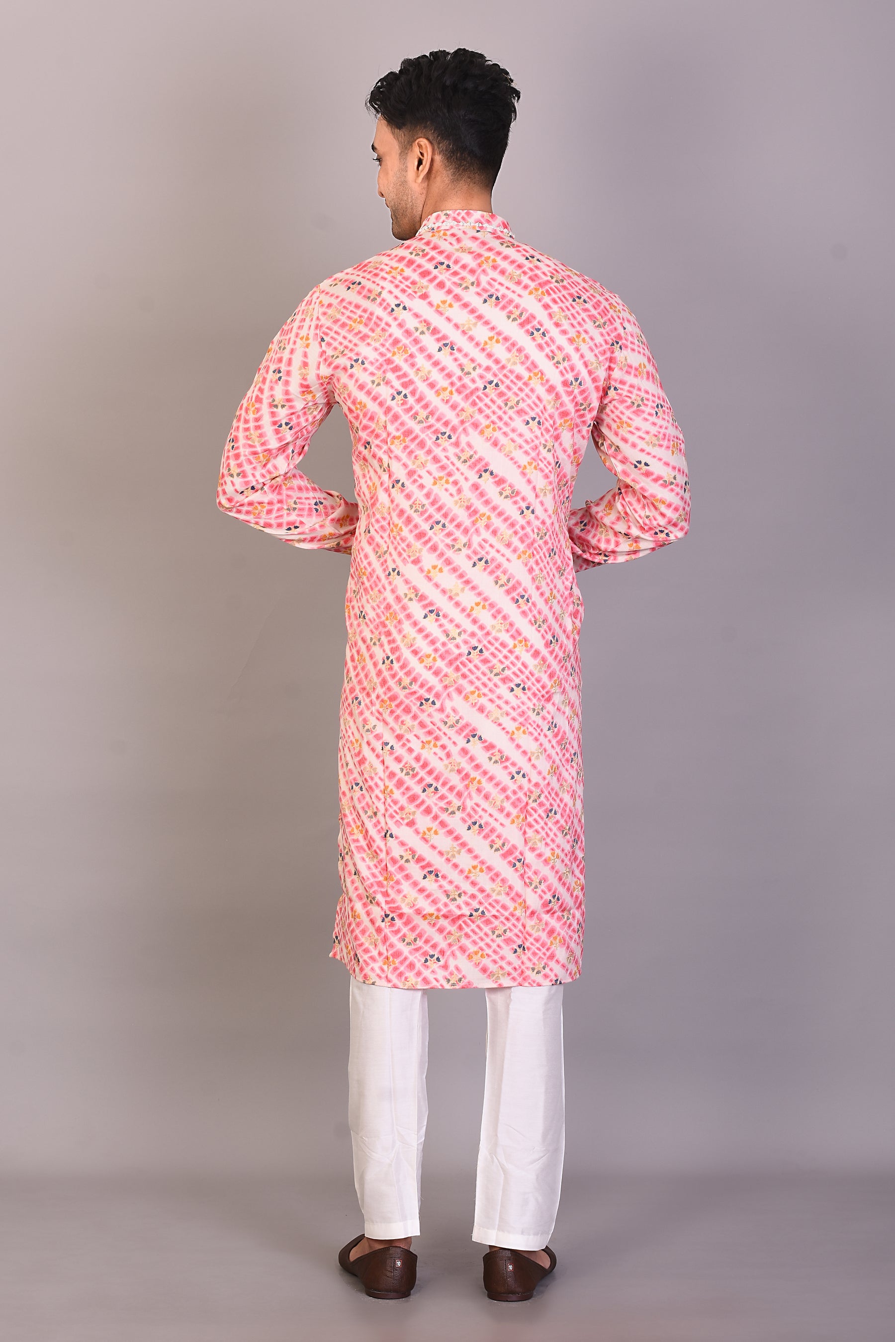 Long Pink Printed Silk Kurta with Full Sleeves - Keya Seth Exclusive
