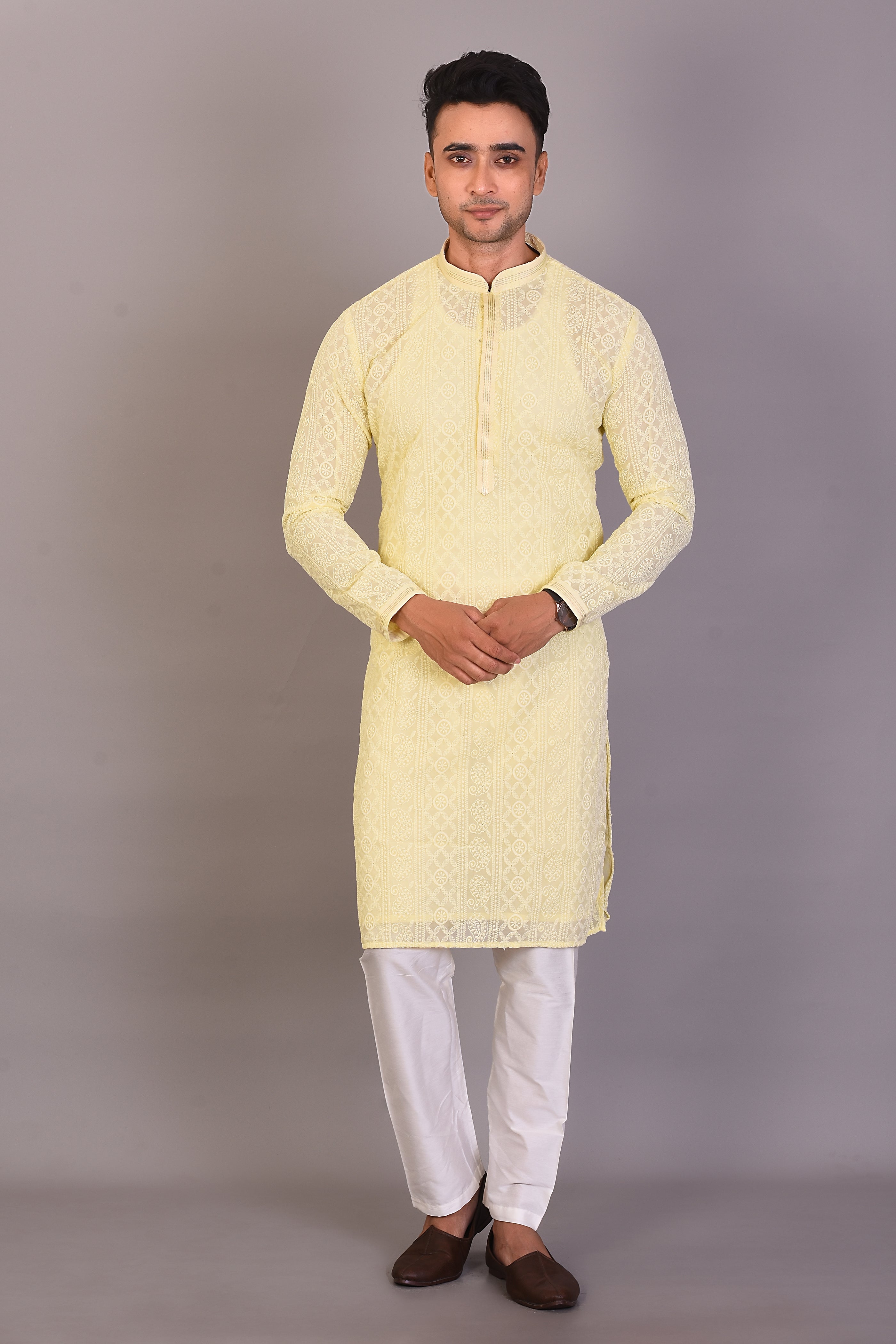 Long Light Yellow Silk Kurta with Full Sleeves