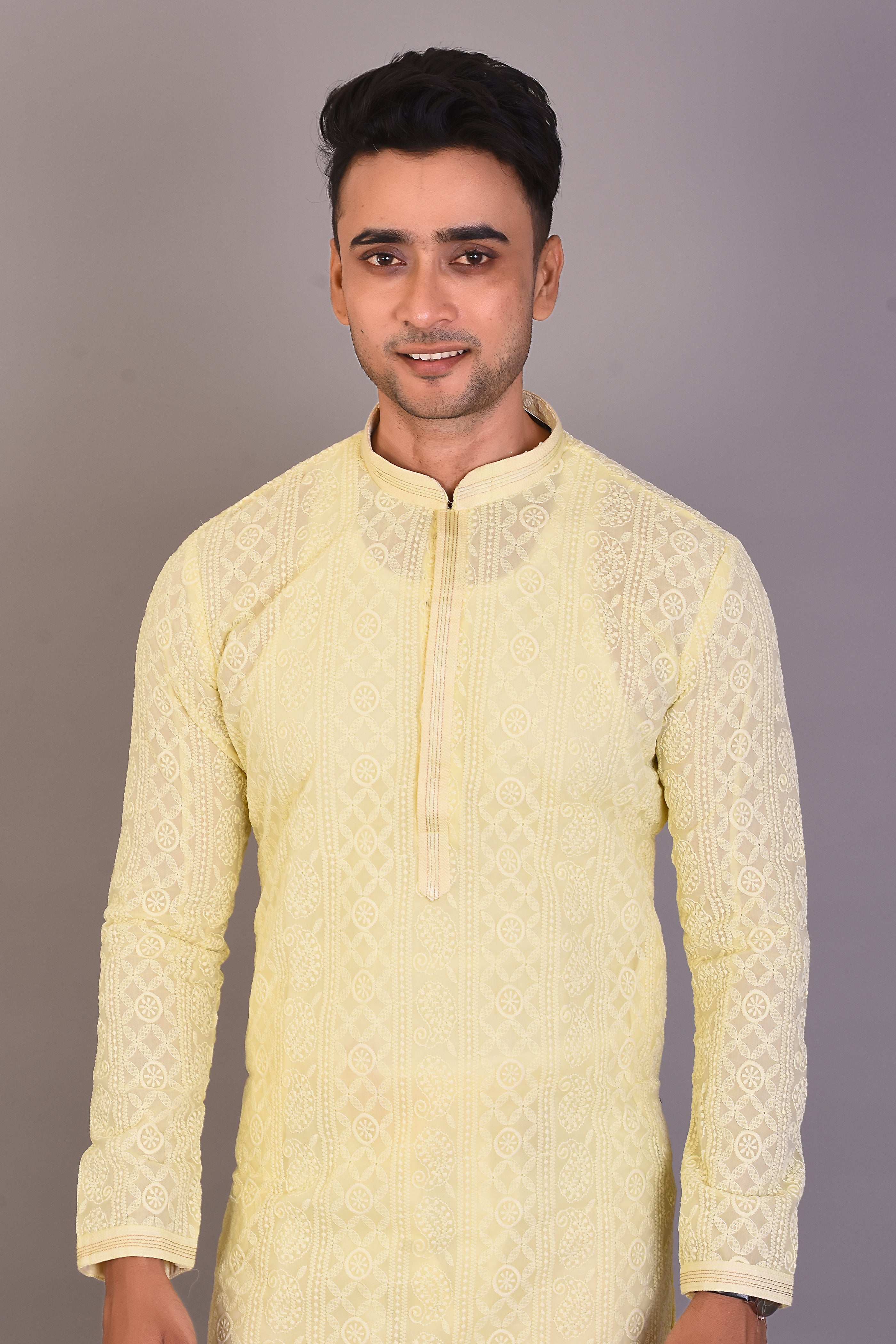 Long Light Yellow Silk Kurta with Full Sleeves