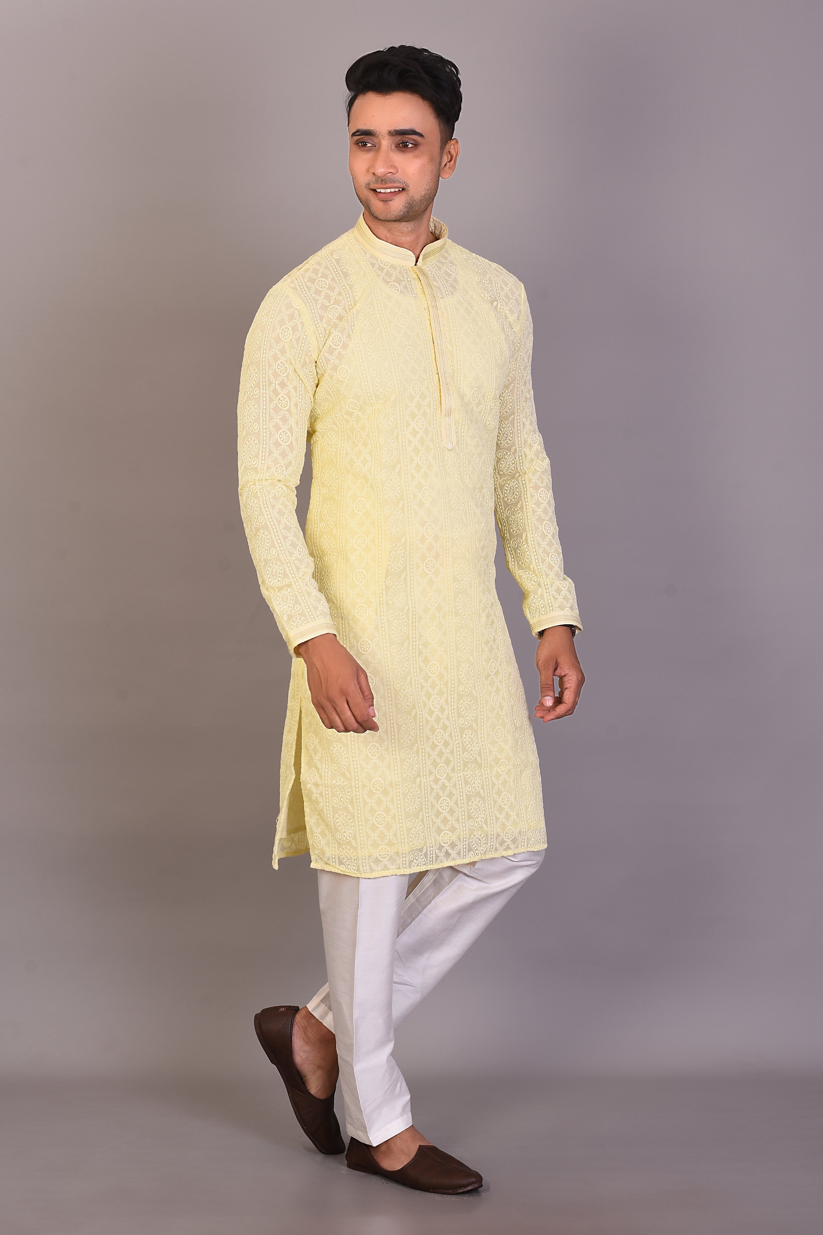 Long Light Yellow Silk Kurta with Full Sleeves