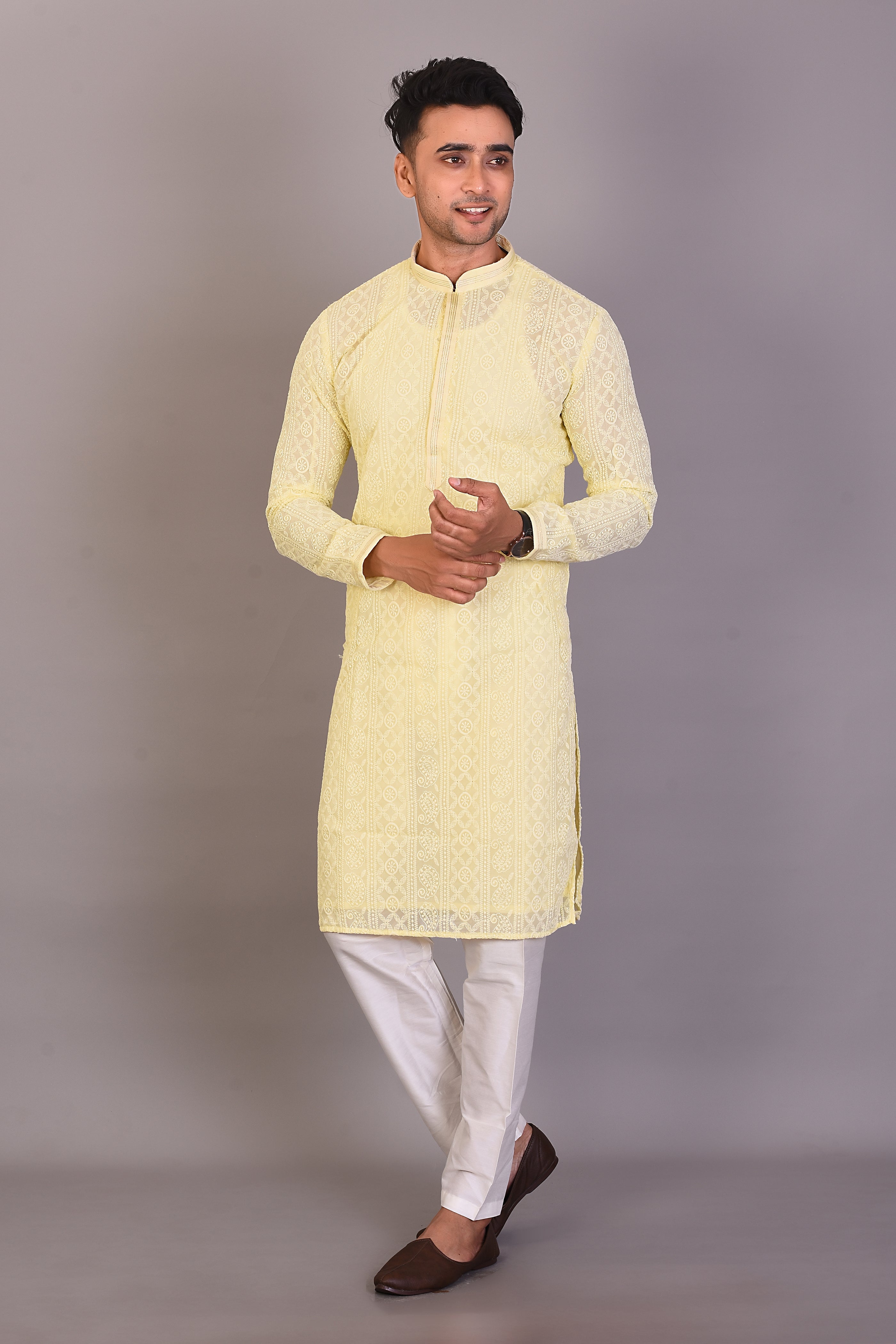 Long Light Yellow Silk Kurta with Full Sleeves