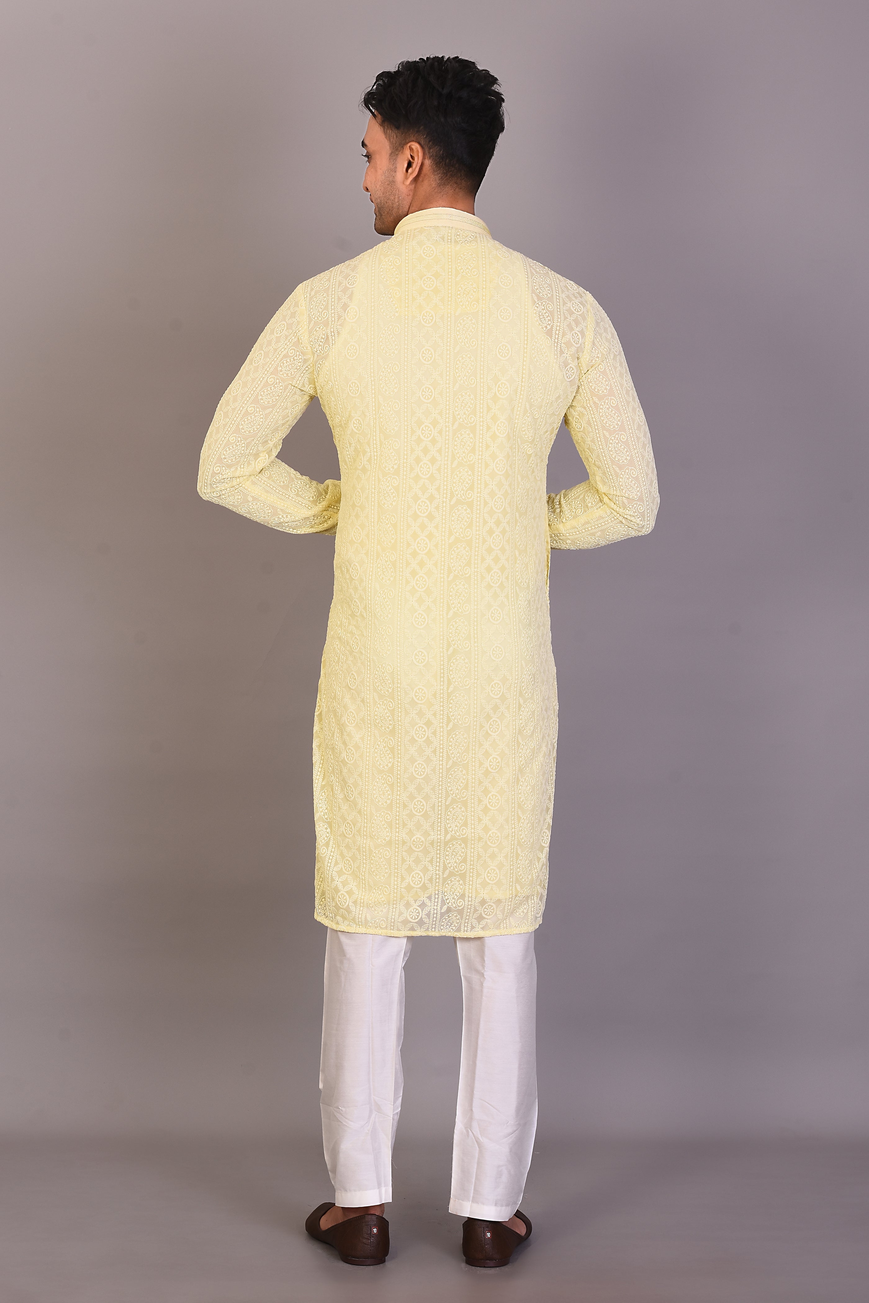 Long Light Yellow Silk Kurta with Full Sleeves