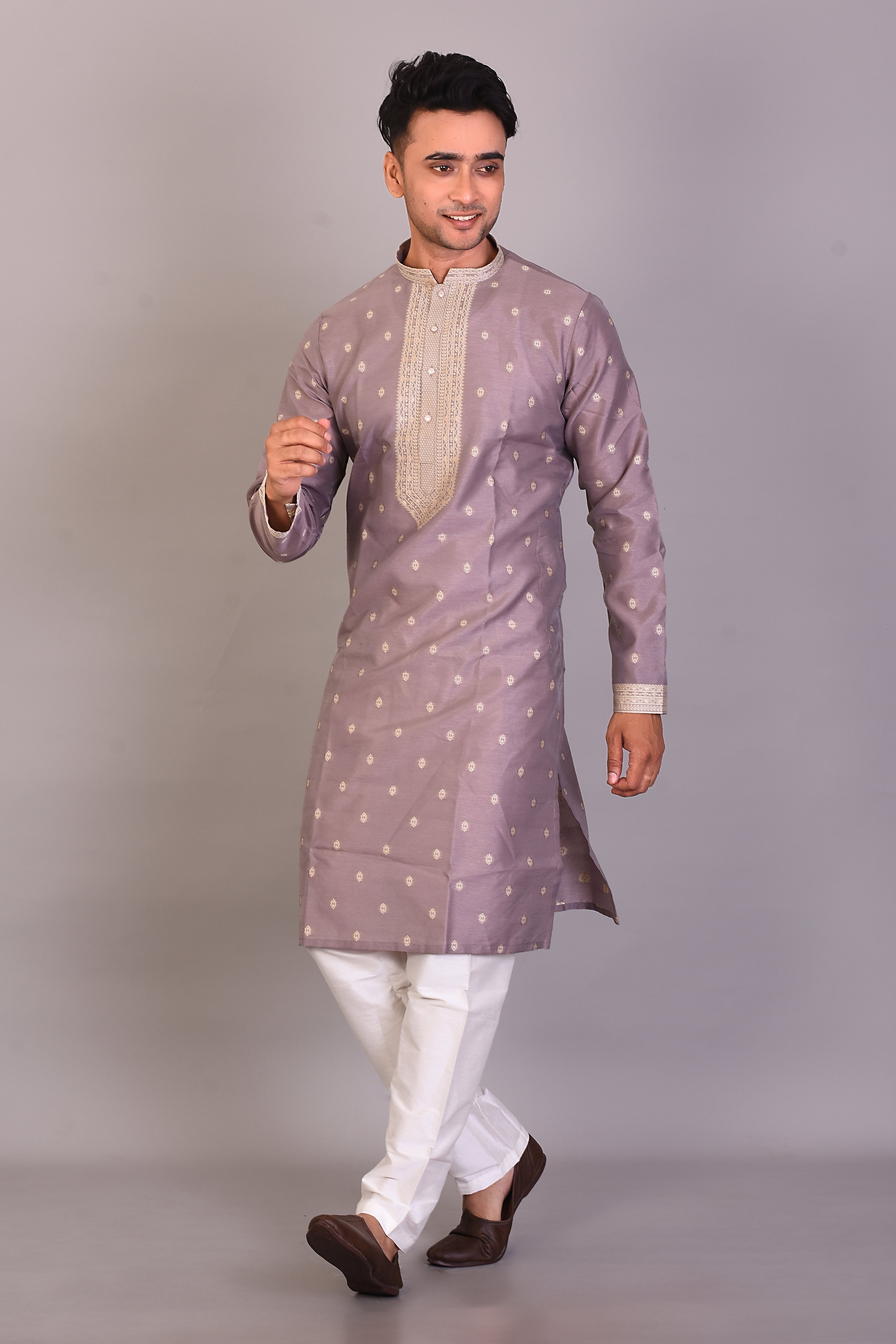 Long Grey Silk Kurta with Full Sleeves
