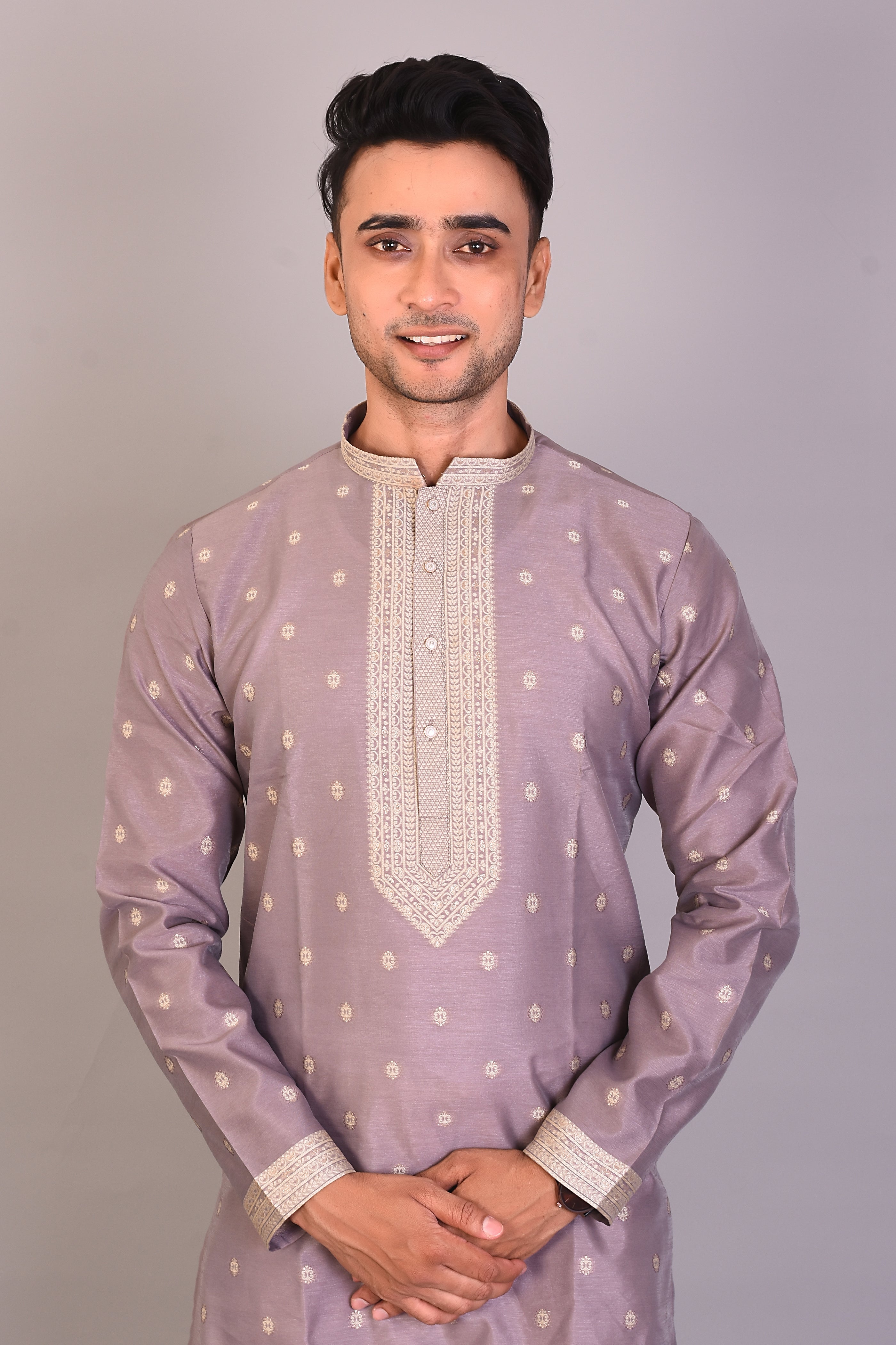 Long Grey Silk Kurta with Full Sleeves