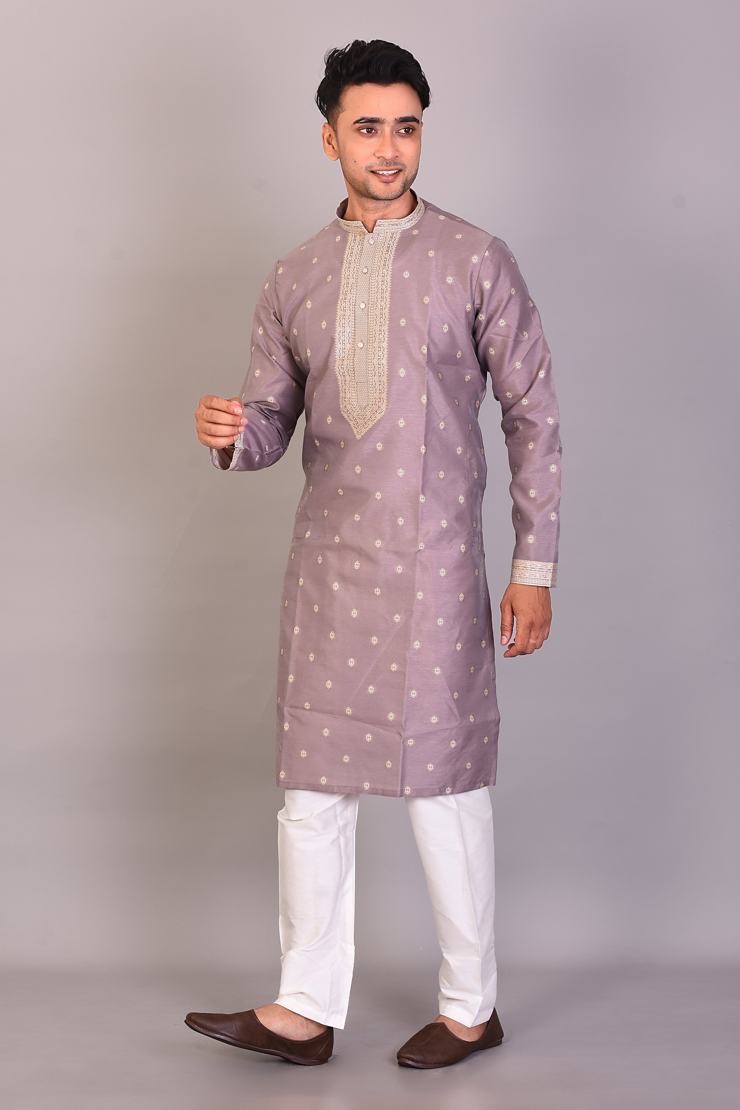 Long Grey Silk Kurta with Full Sleeves