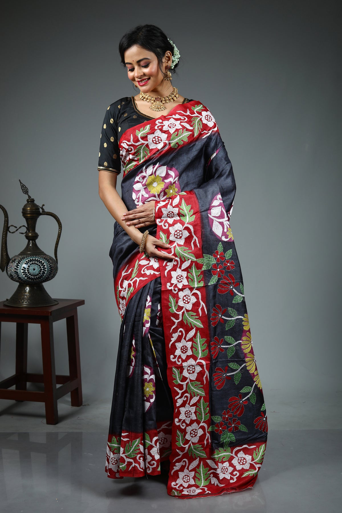 Dark Grey Pure Kantha Stitch Saree