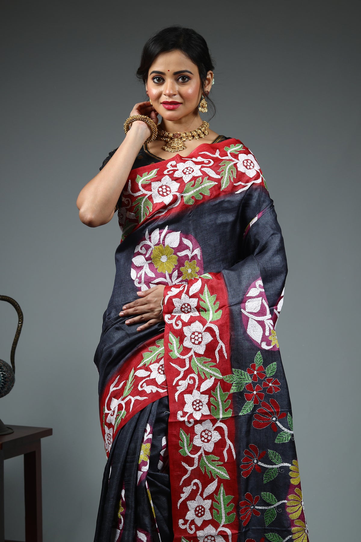 Dark Grey Pure Kantha Stitch Saree