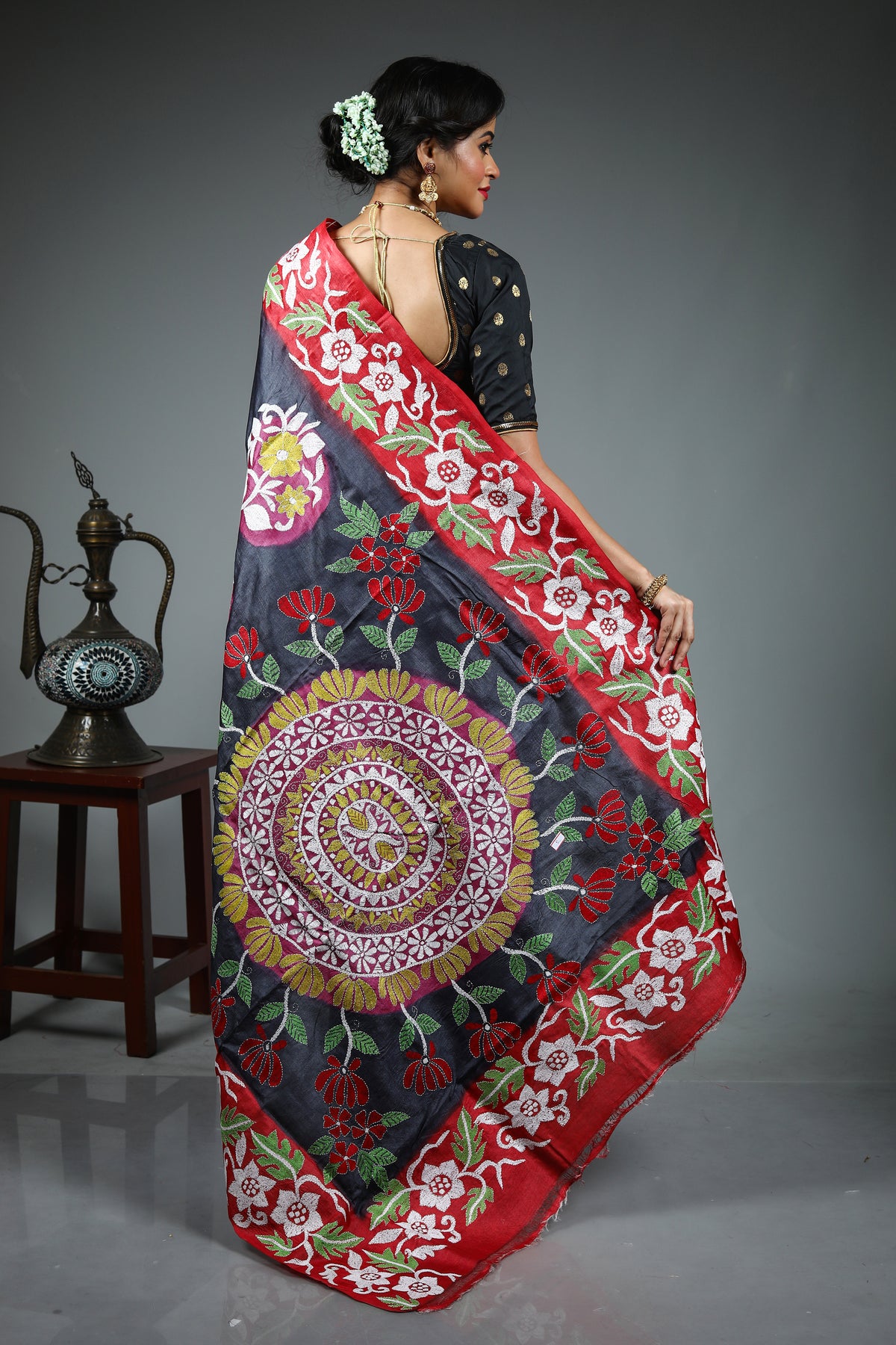 Dark Grey Pure Kantha Stitch Saree