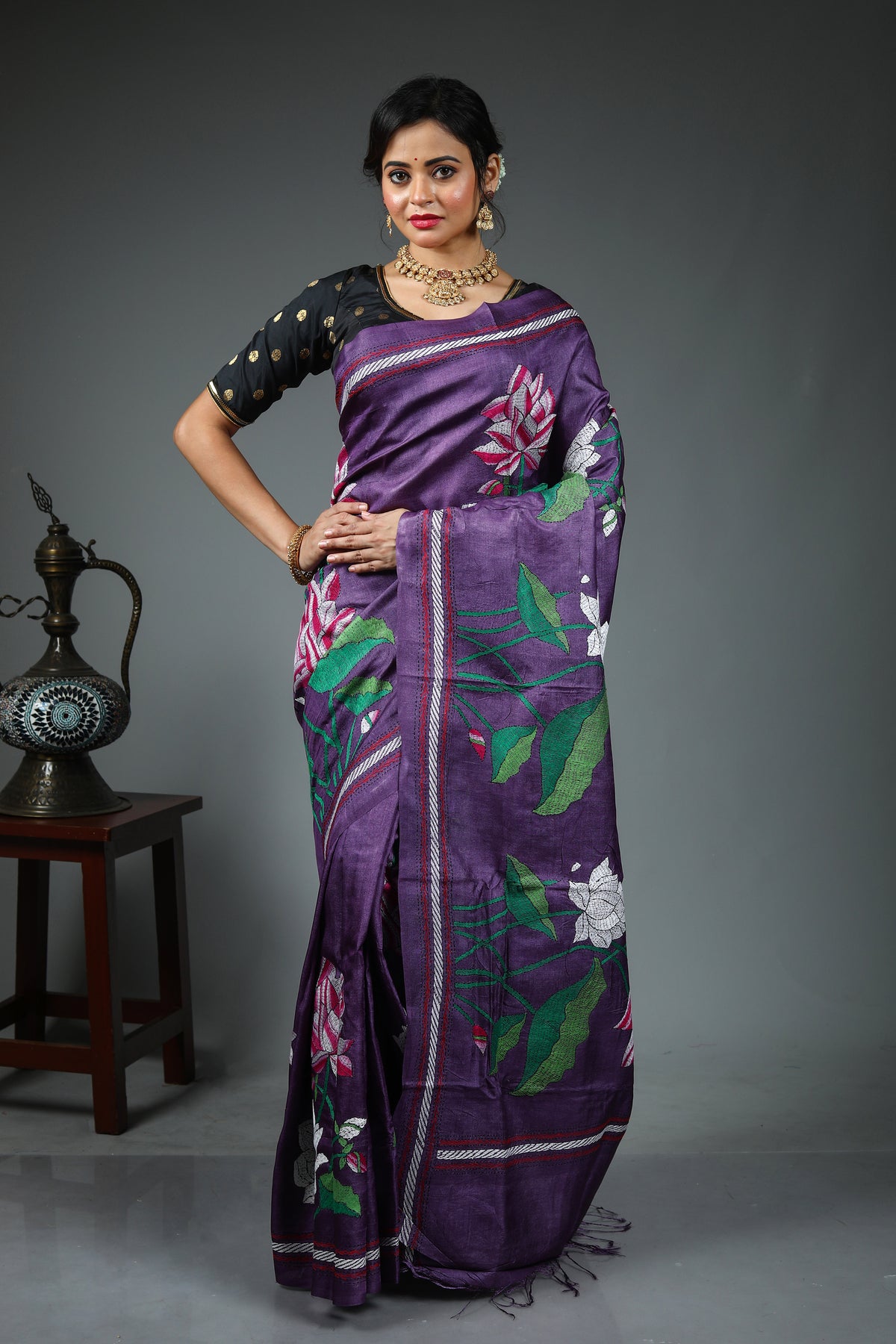 Purple Pure Kantha Stitch Saree