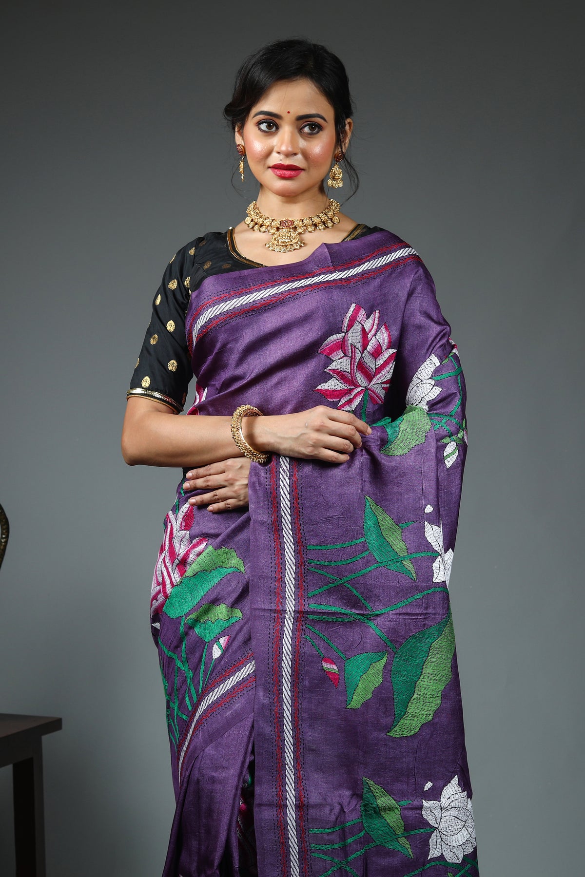 Purple Pure Kantha Stitch Saree