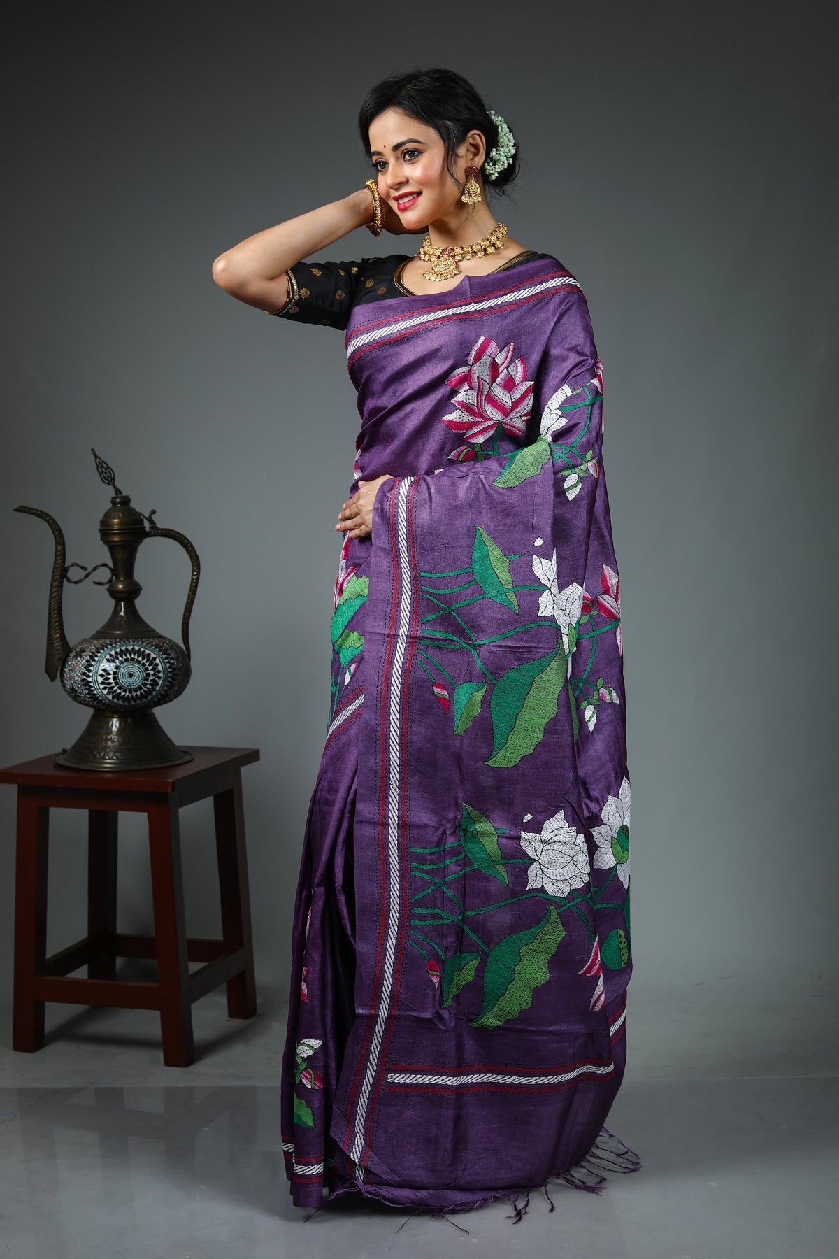 Purple Pure Kantha Stitch Saree
