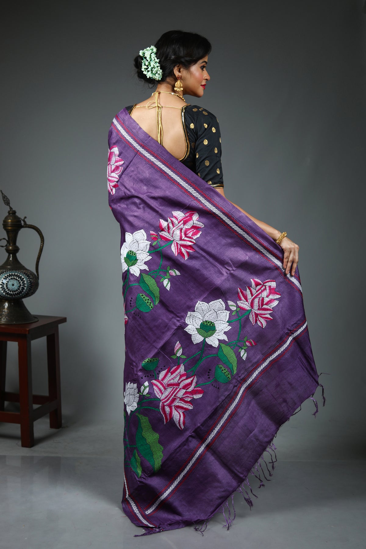 Purple Pure Kantha Stitch Saree