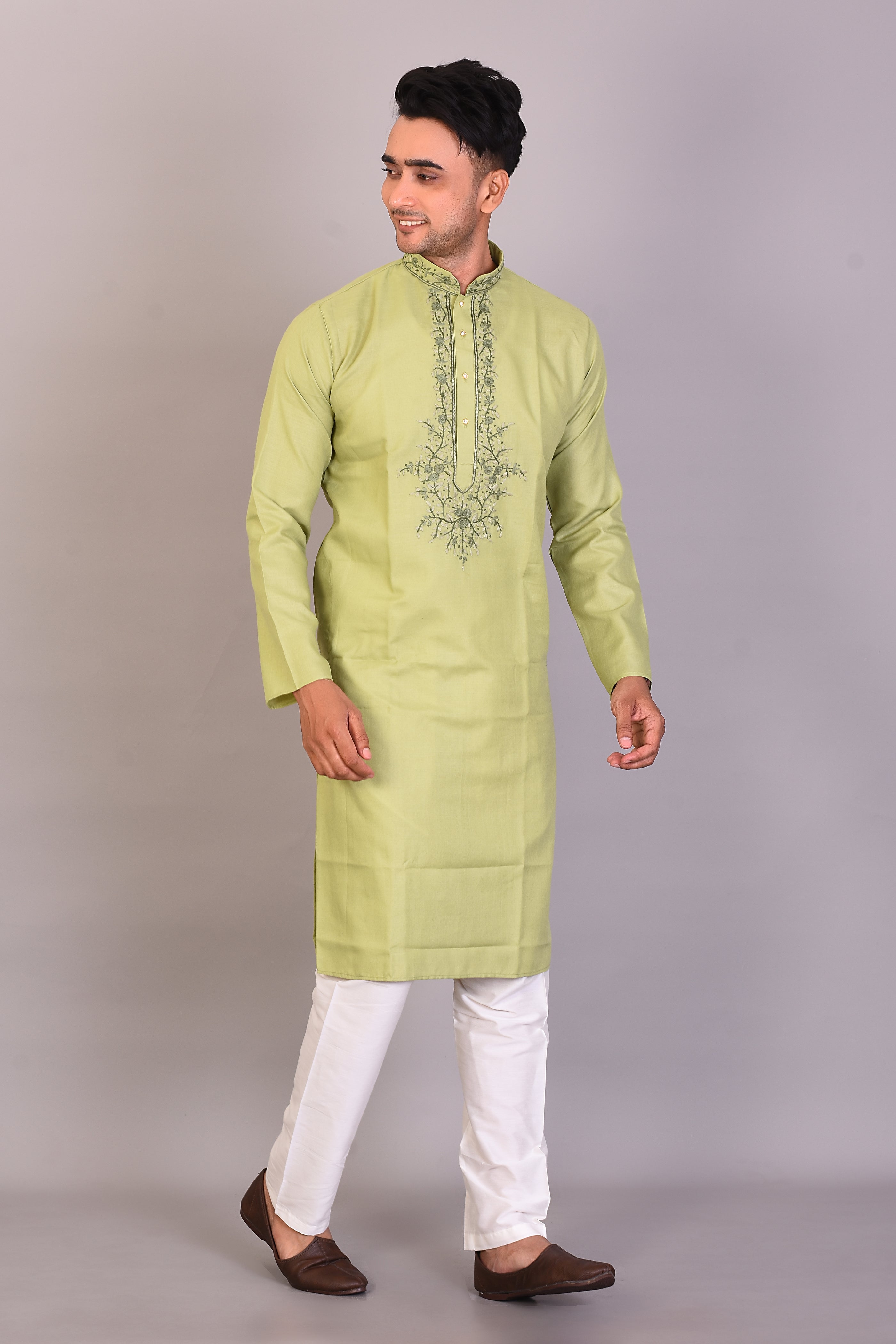 Long Green Silk Kurta with Full Sleeves - Keya Seth Exclusive
