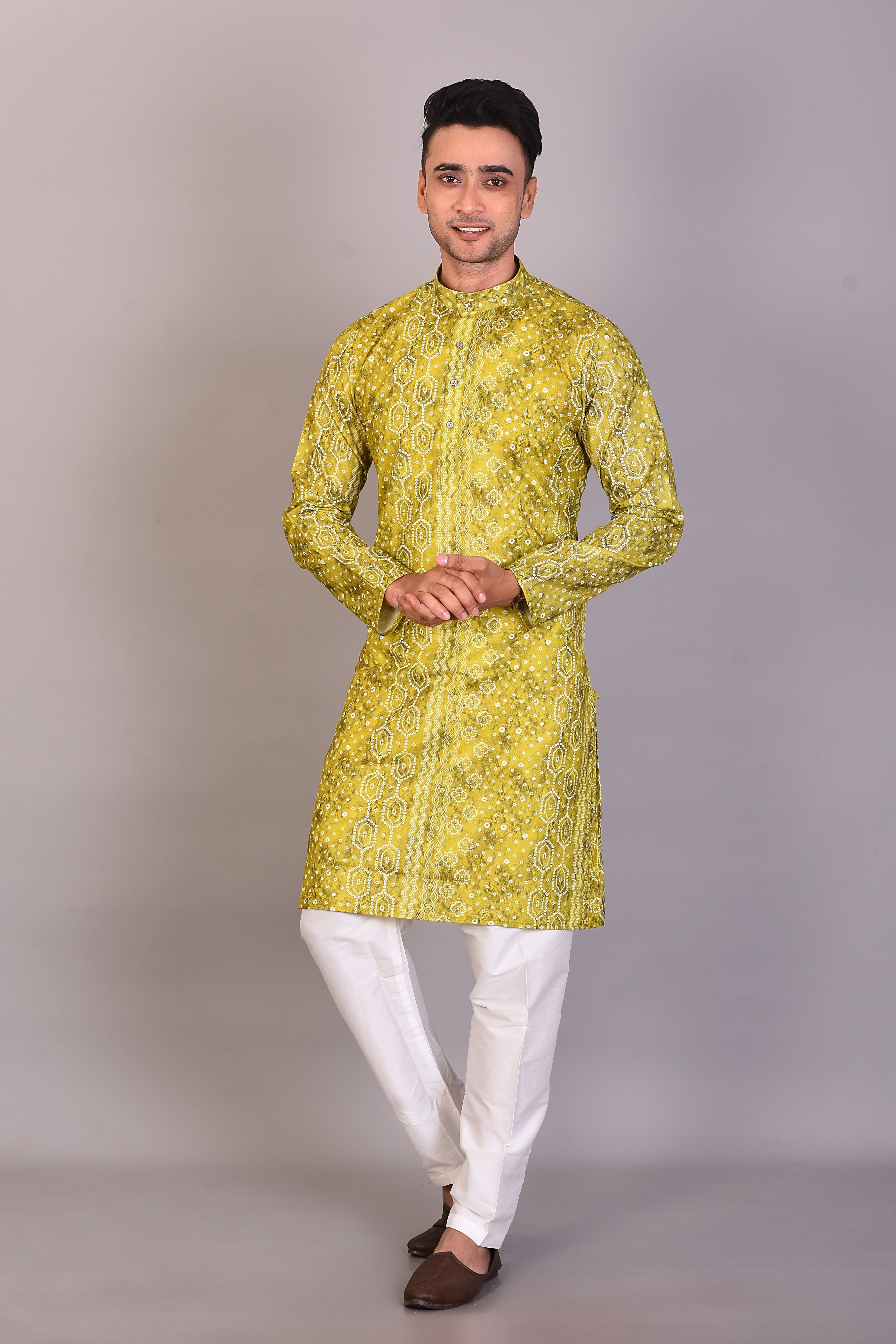 Long Green Printed Silk Kurta with Full Sleeves - Keya Seth Exclusive