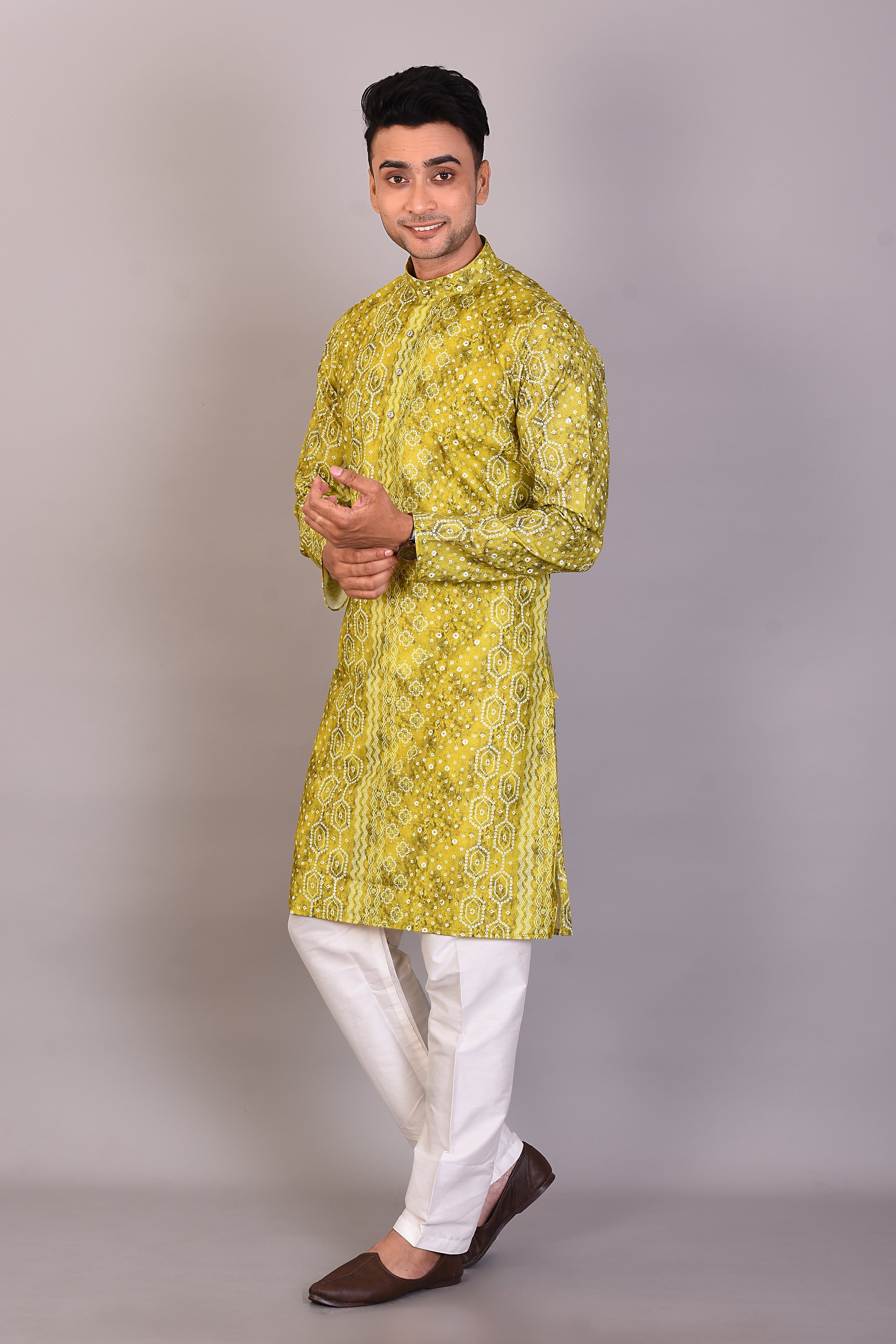 Long Green Printed Silk Kurta with Full Sleeves - Keya Seth Exclusive