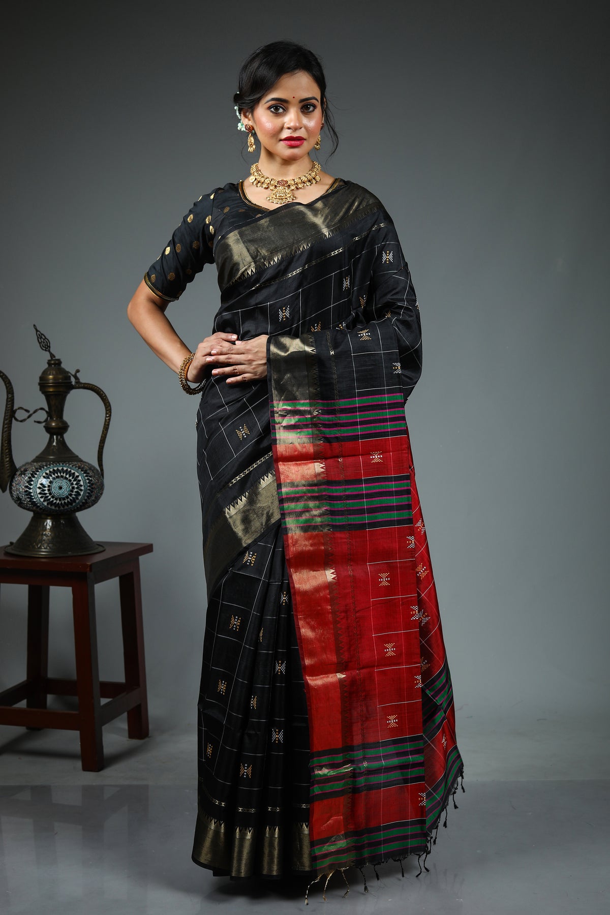 Black Pure Checkered Kanjivaram Kalashetra Saree