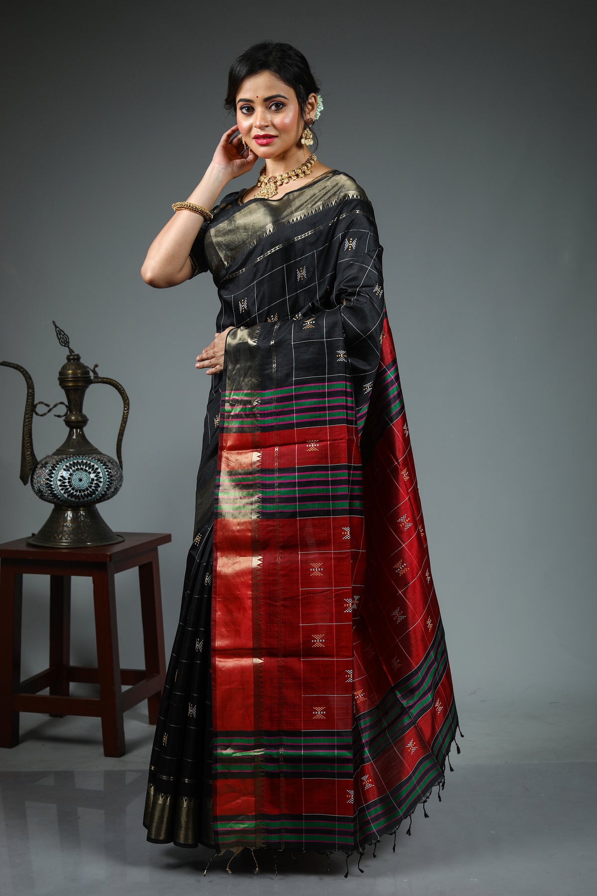 Black Pure Checkered Kanjivaram Kalashetra Saree
