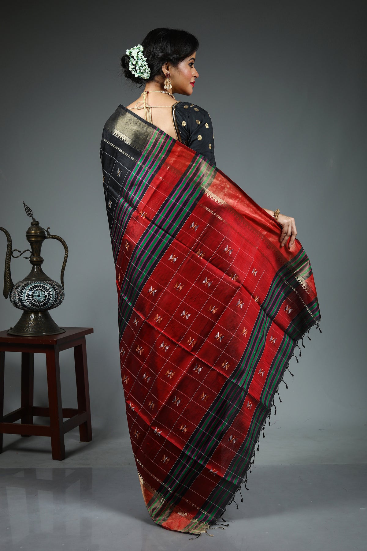 Black Pure Checkered Kanjivaram Kalashetra Saree