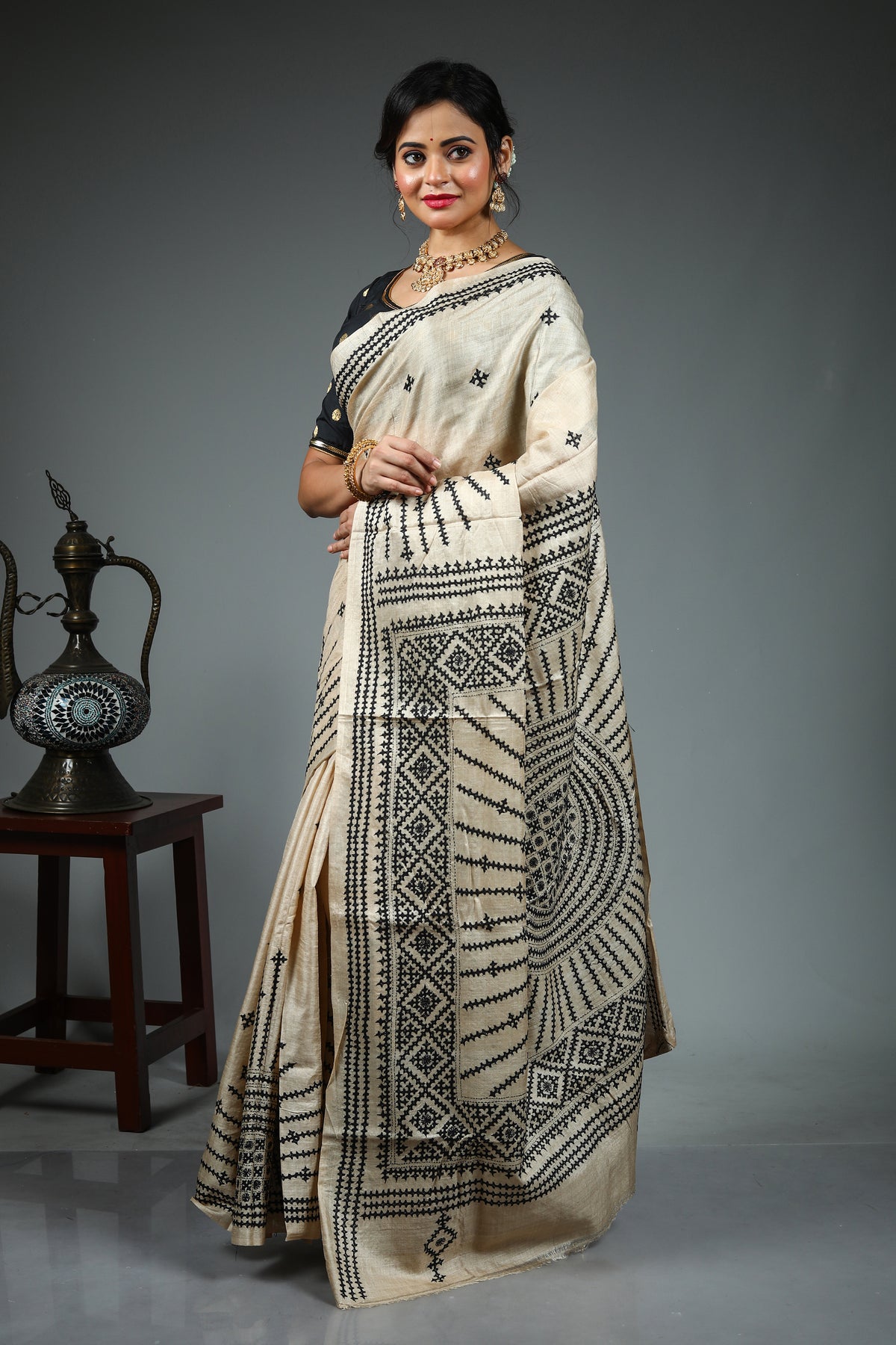 Beige Pure Tussar Saree