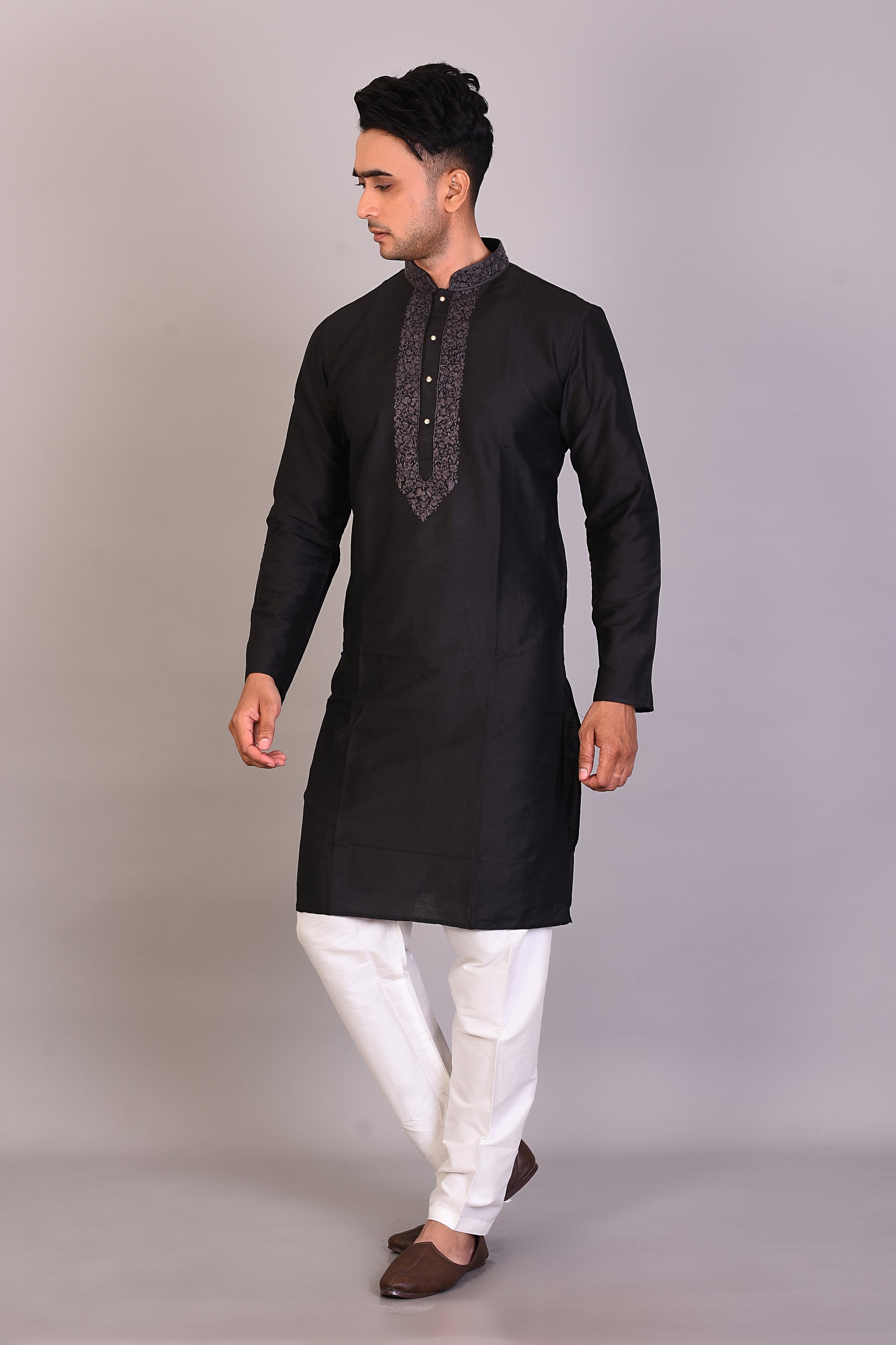 Long Black Silk Kurta with Full Sleeves - Keya Seth Exclusive