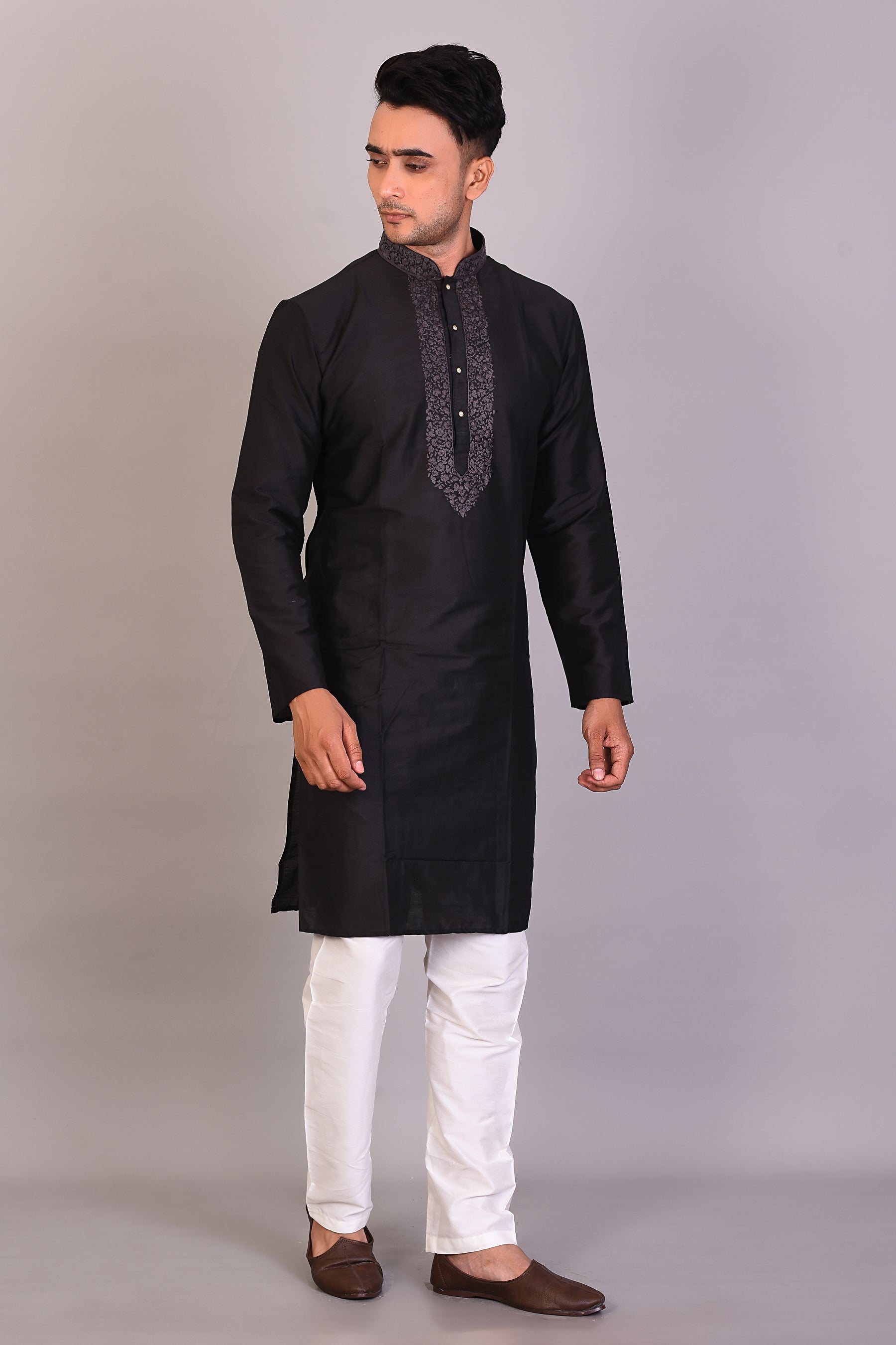 Long Black Silk Kurta with Full Sleeves - Keya Seth Exclusive
